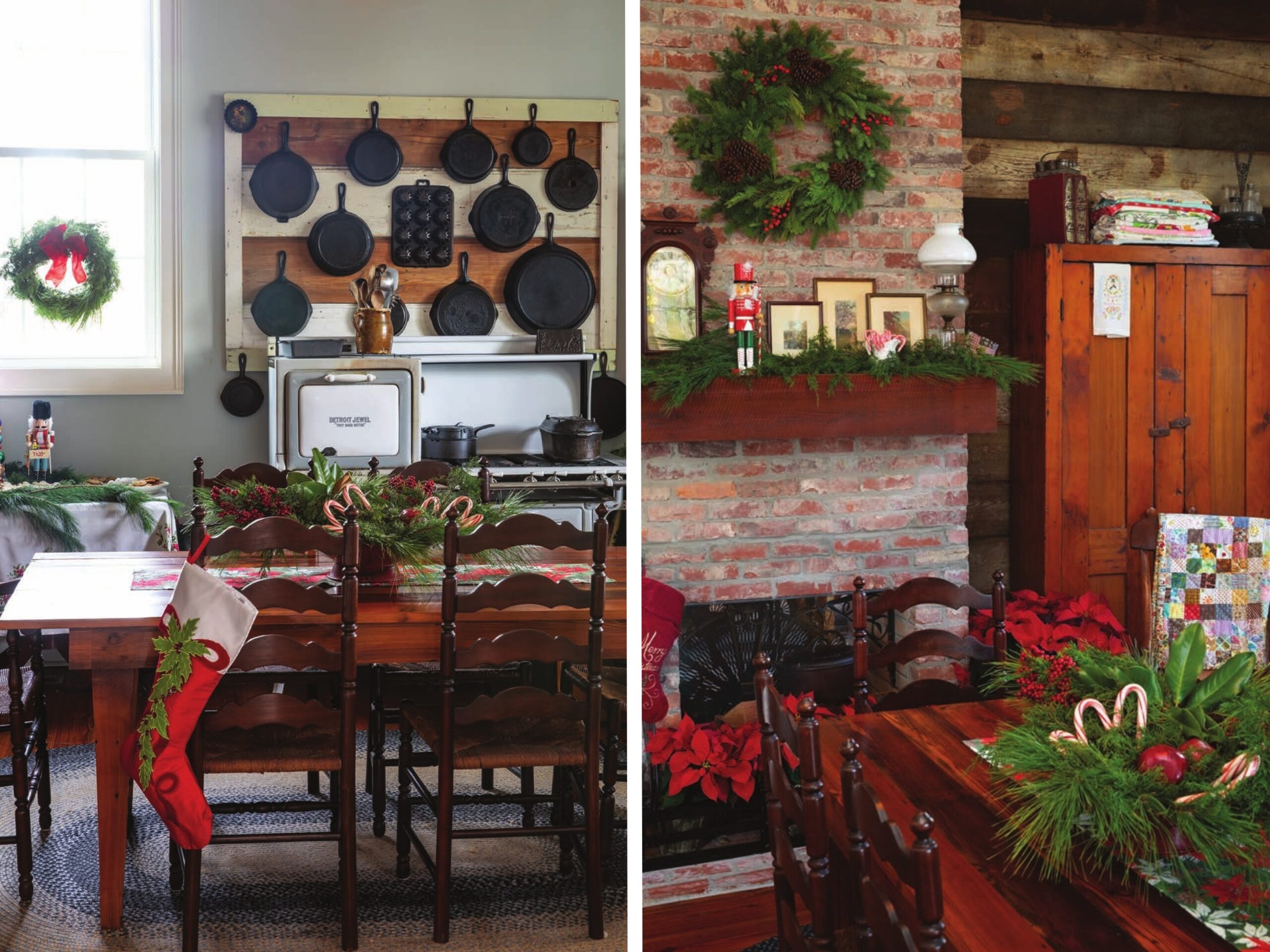 A grid image of a kitchen accented with Christmas decor and cast iron pans, and the fireplace in the kitchen adorned with a wreath.