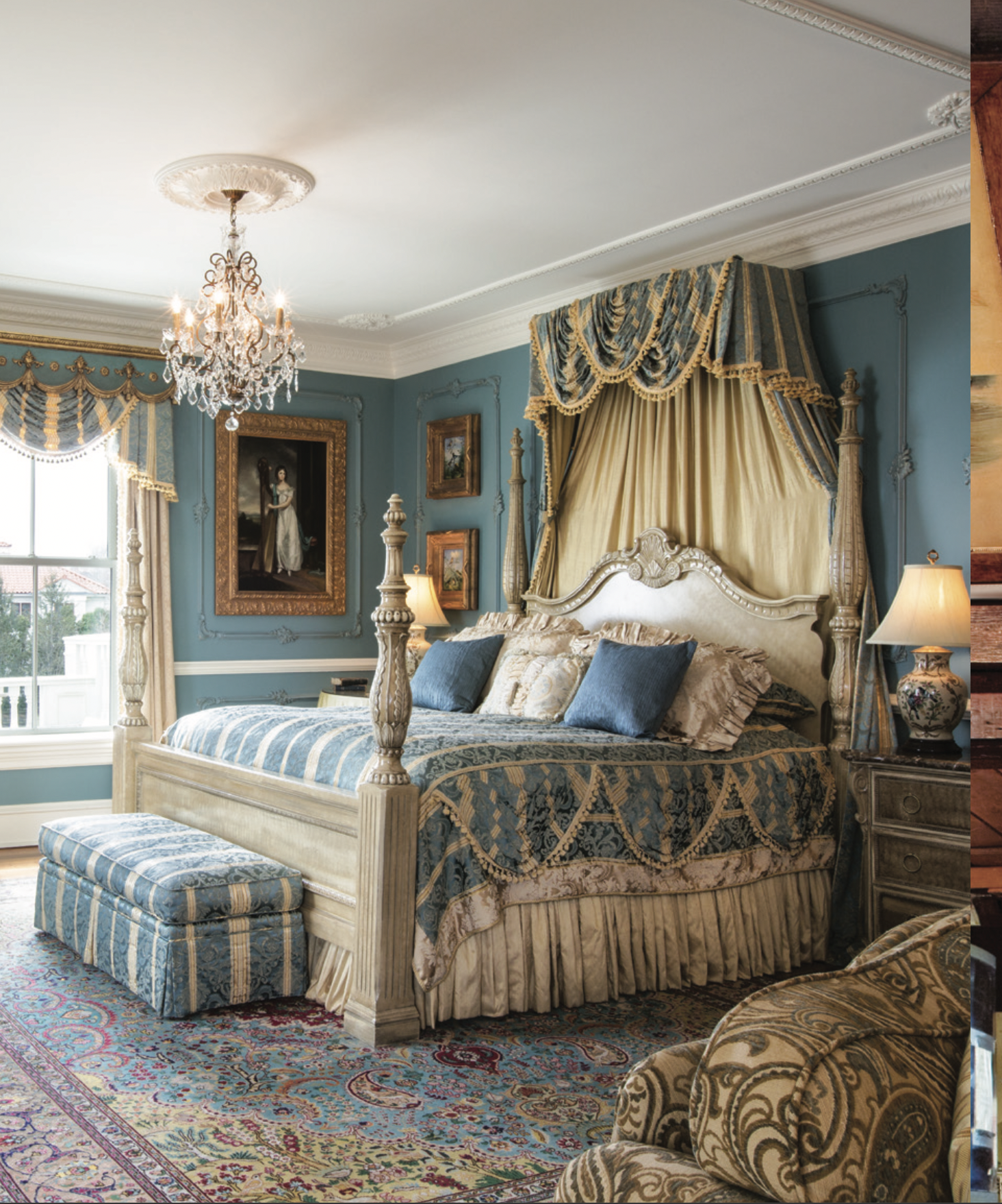 Guest room in the The Chanler at Cliff Walk featuring crystal chandeliers and a view overlooking the water