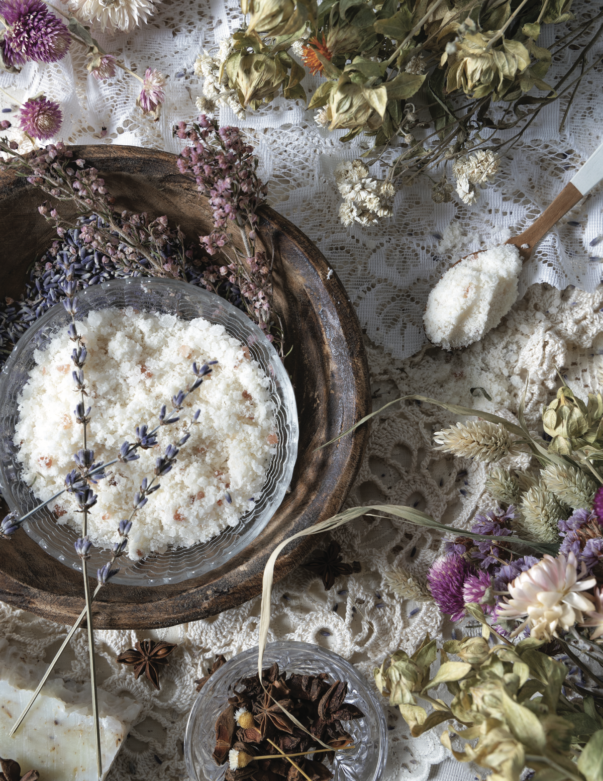 Lavender, sea salt, and other aromatherapy ingredients.