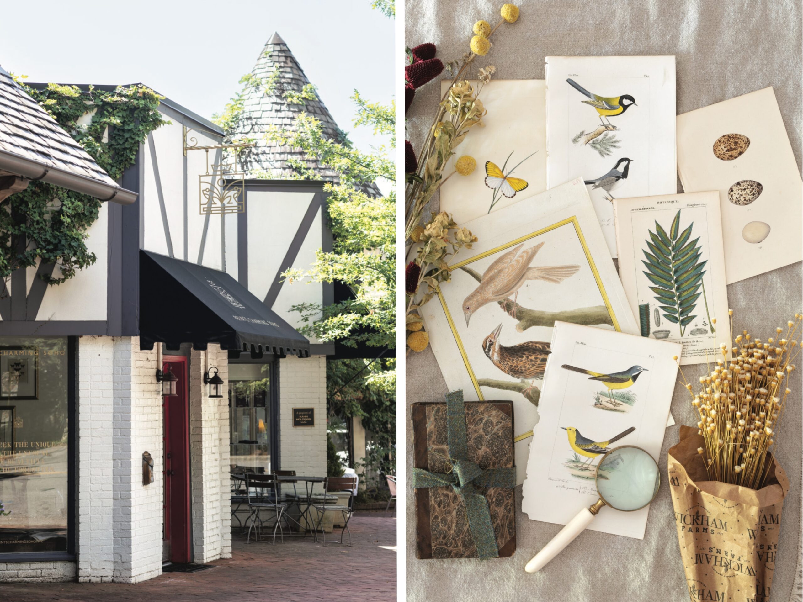 Left: A Tudor building. Right: Cards with flora and fauna imagery.