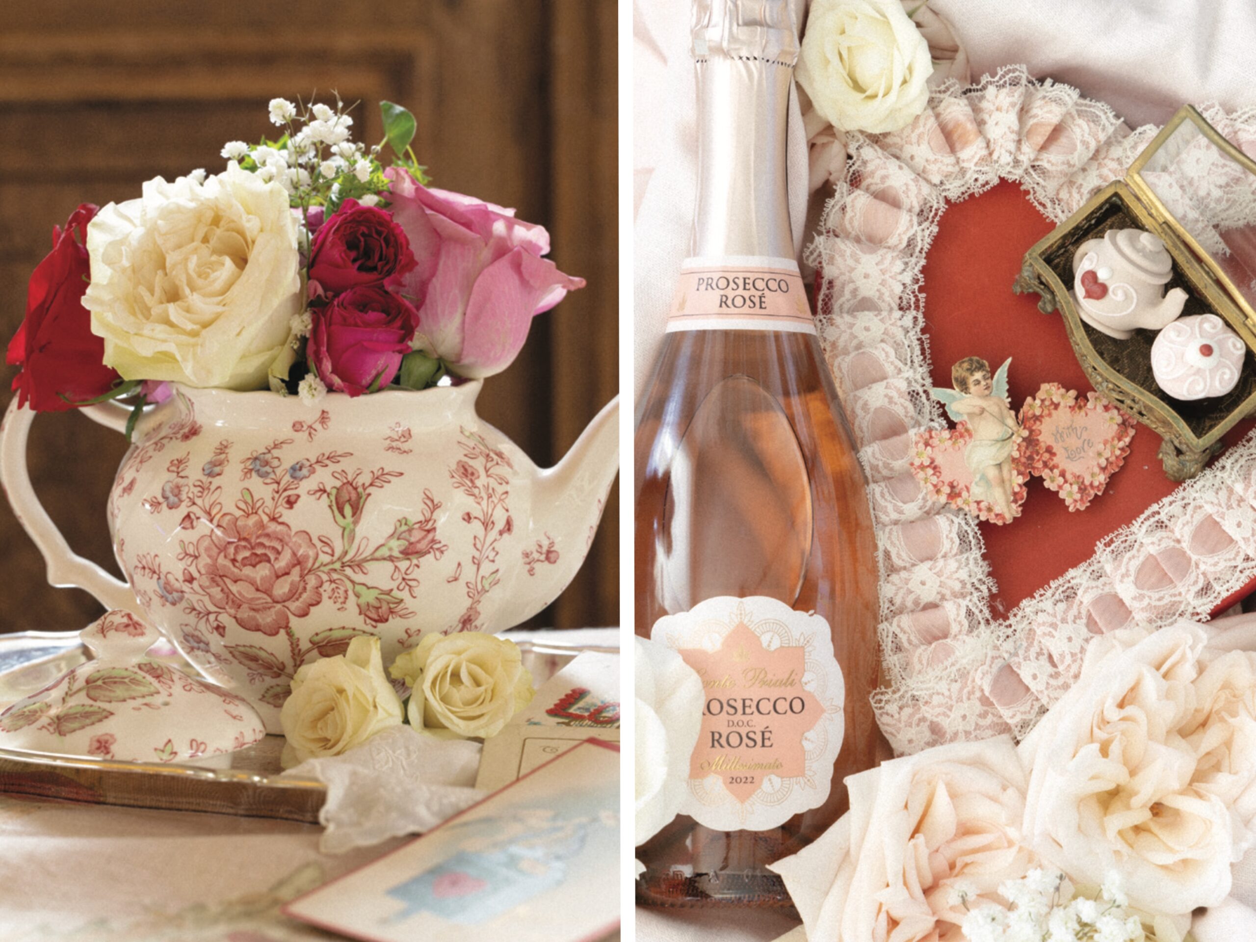 Above left: A Johnson Brothers teapot in the Rose Chintz Pink pattern makes a whimsical vase. Above right: What better way to toast romance than with a blushing glass of prosecco rosé? Displayed beside the bottle are tea-themed designer truffles from The Cordial Cherry.