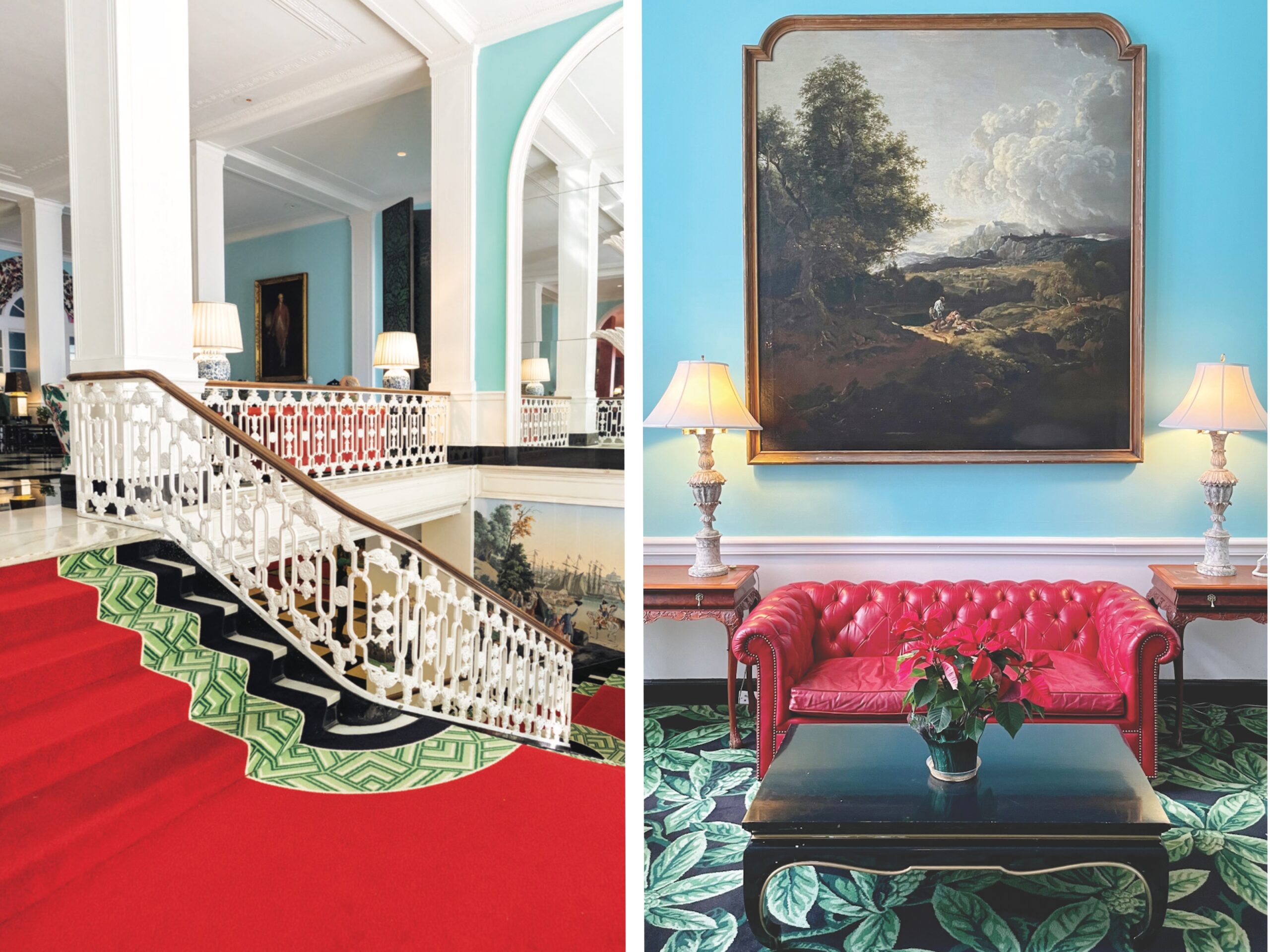 The brightly colored interiors of the Greenbrier hotel.