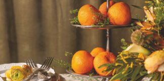 A tiered stand filled with tangerine oranges.