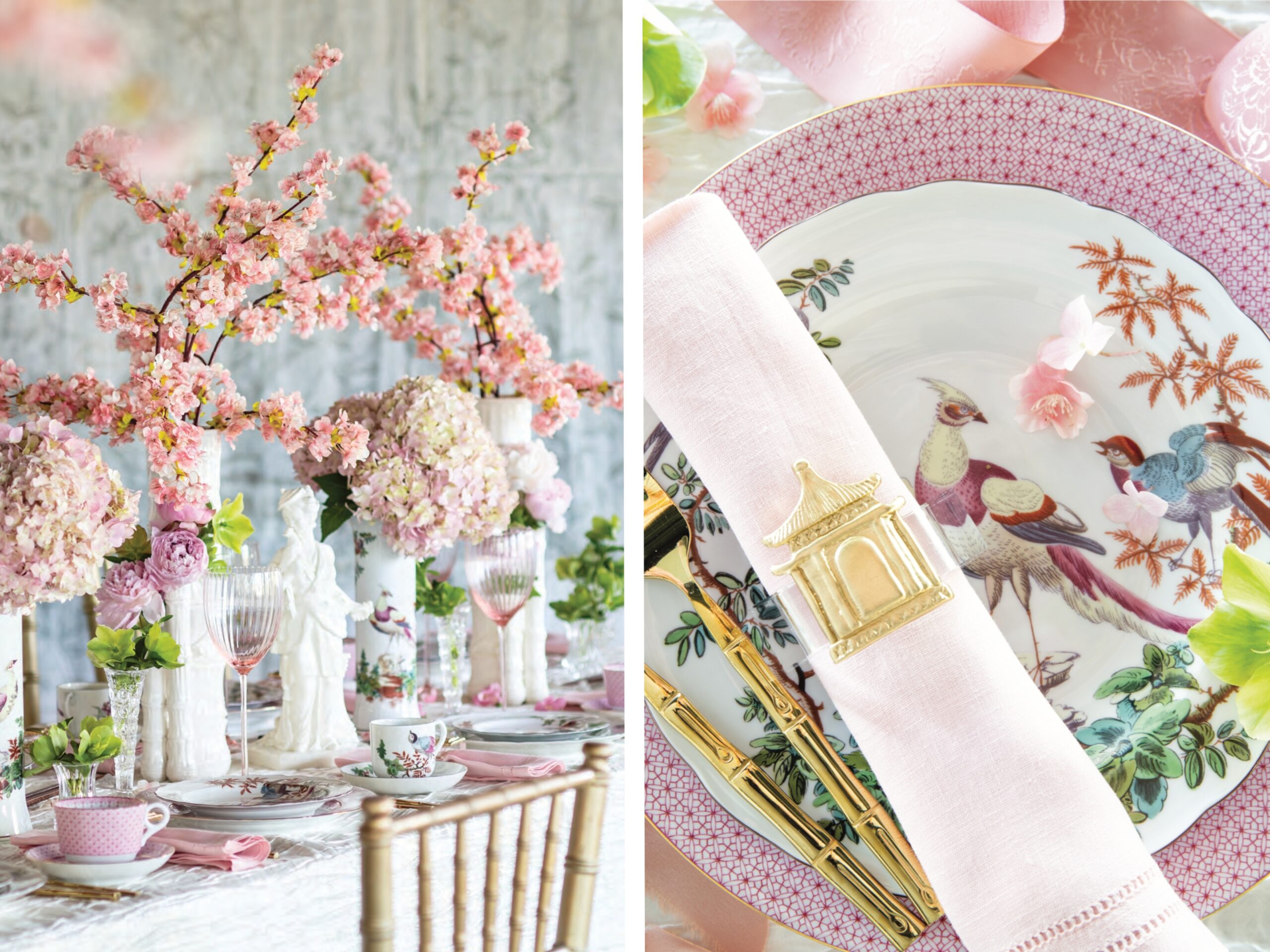 A cherry-blossom-themed tablescape with pink accents, and a place setting with japanese aviary plates.