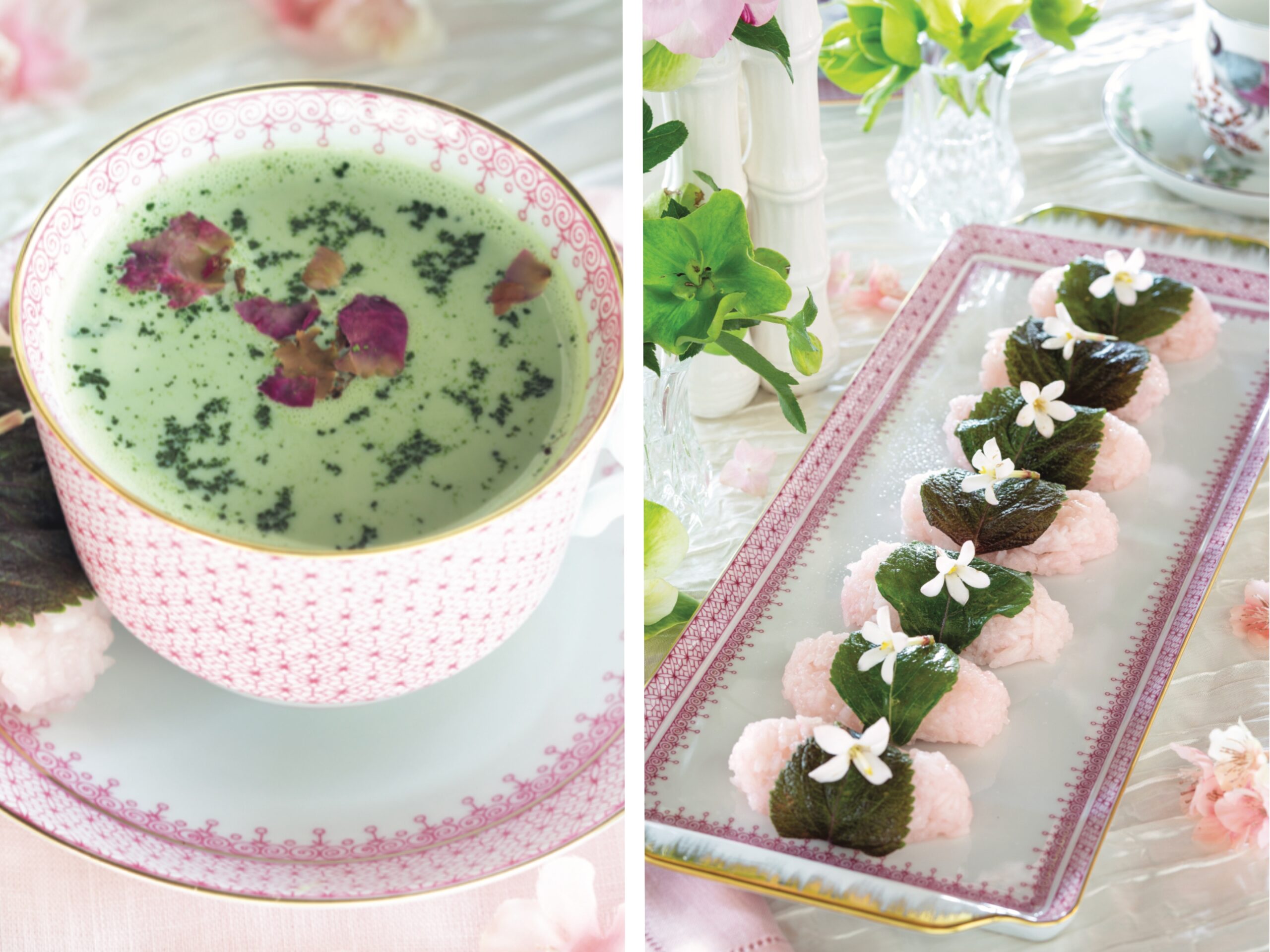 A matcha latte and red bean mochi.