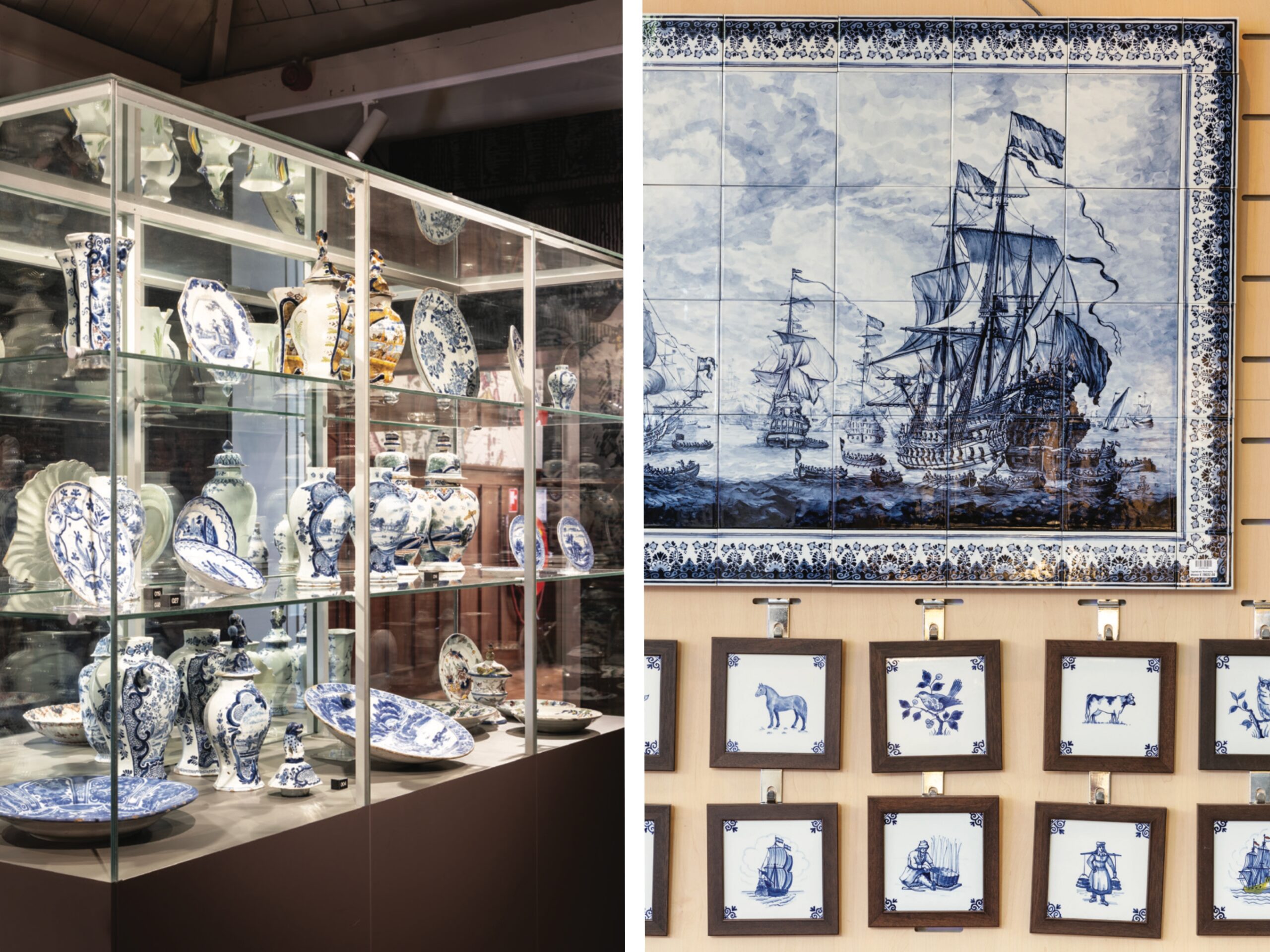 A glass display case of blue and white delft pieces at the Royal Delft factory, and a display of Delft tiles.