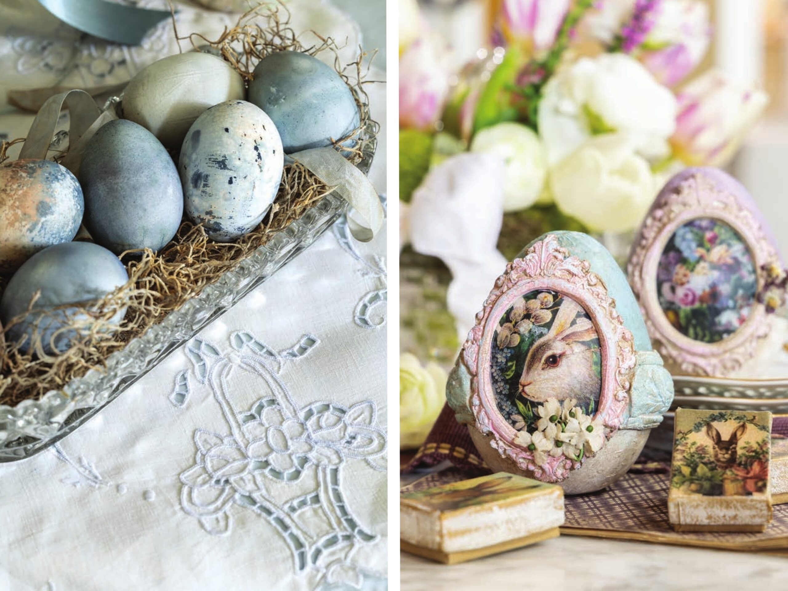 Naturally dyed blue speckled easter eggs, and ornate easter eggs embellished with vintage portraits of bunnies.