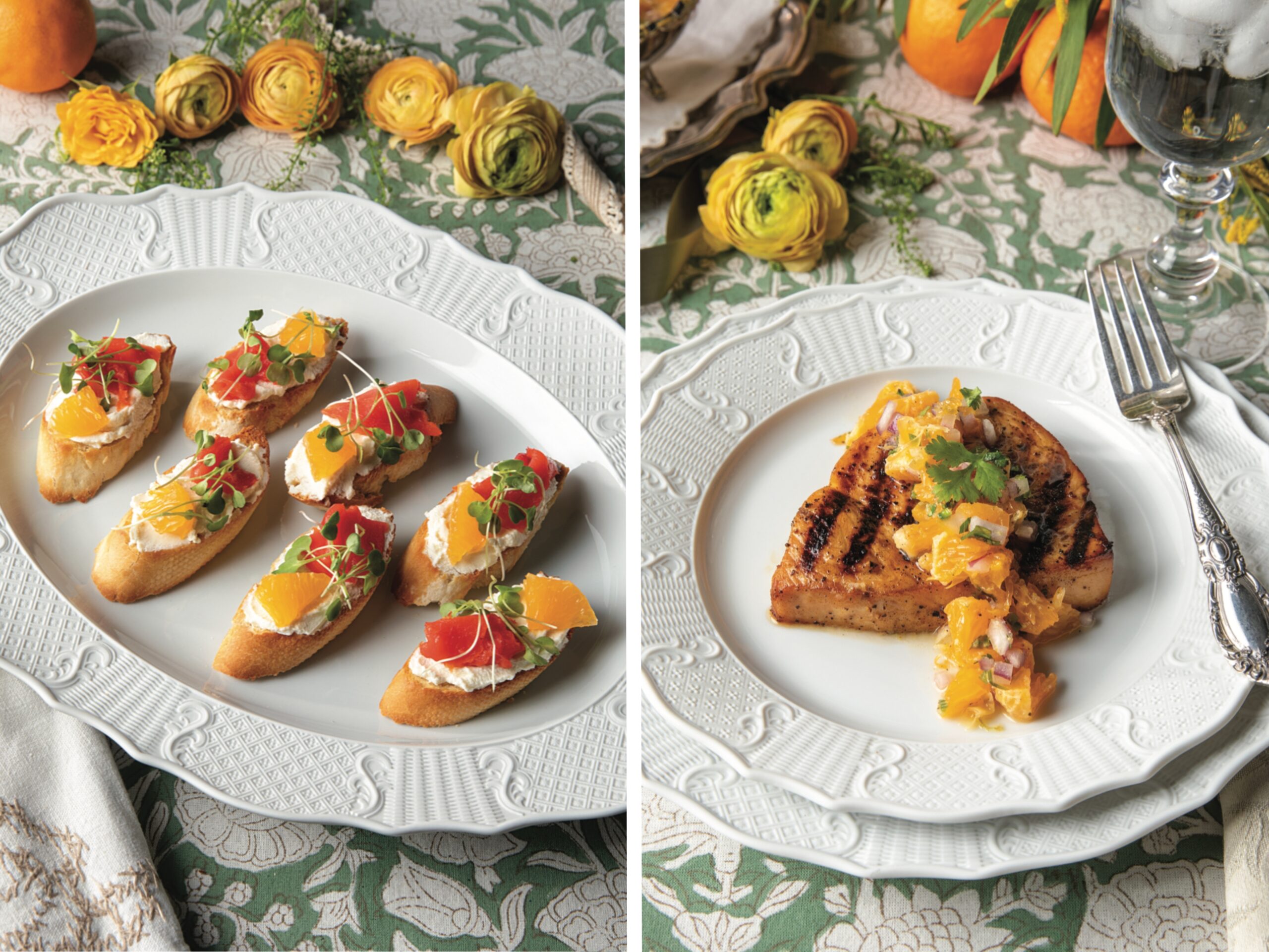 Swordfish with Tangerine Salsa and Tangerine Crostini.