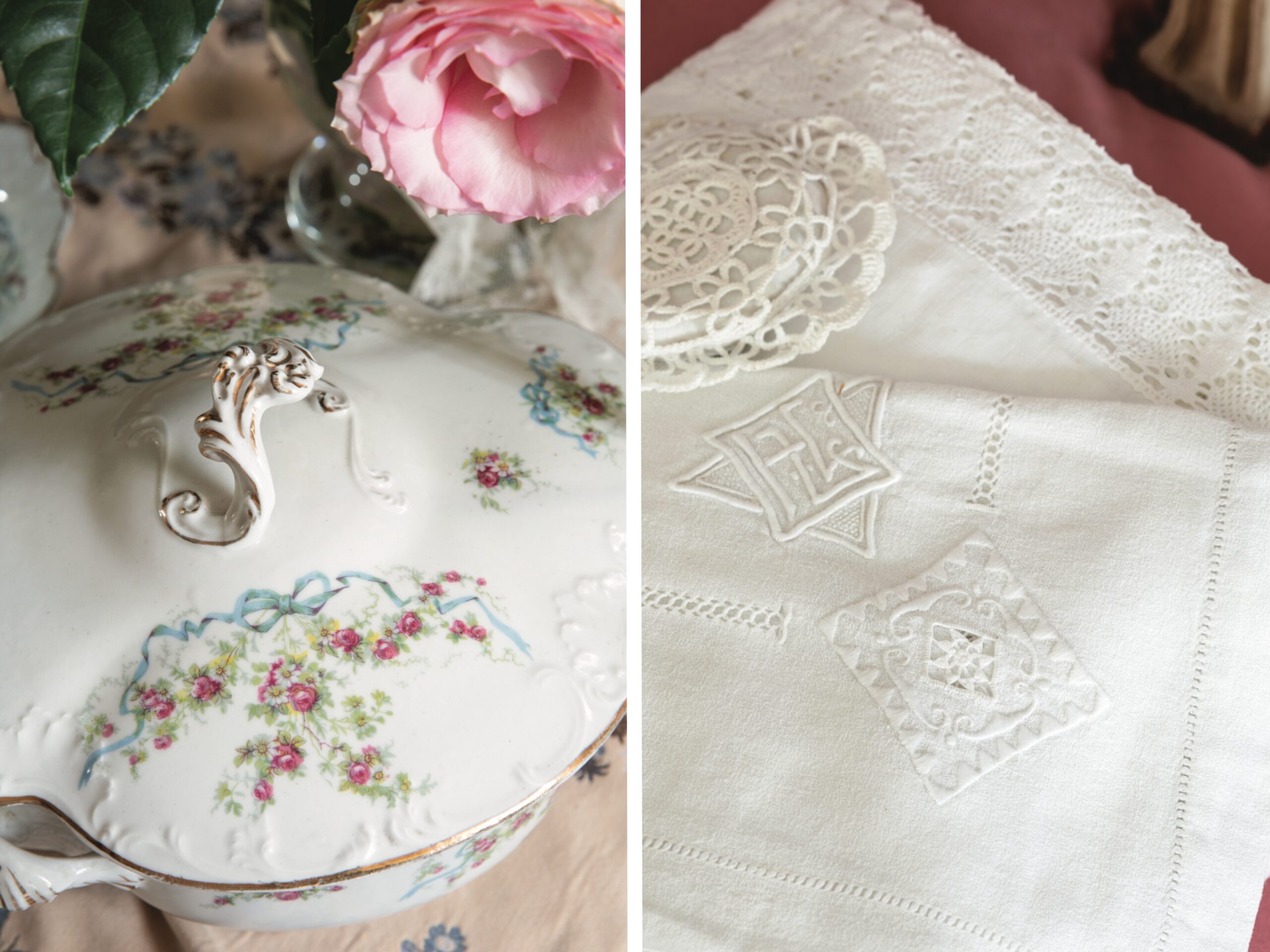 A porcelain dutch oven server, and embroidered white lace linens.
