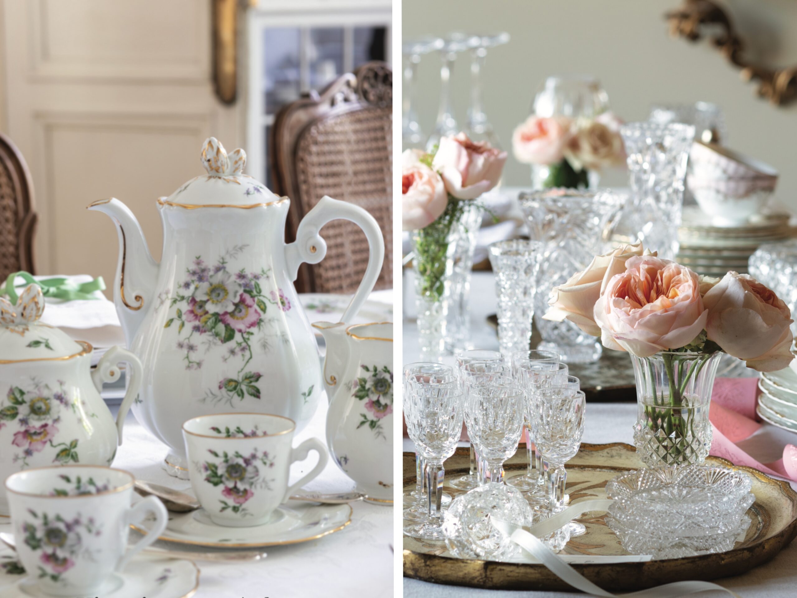 A floral tea set, and crystal goblets with pink ranunculus.