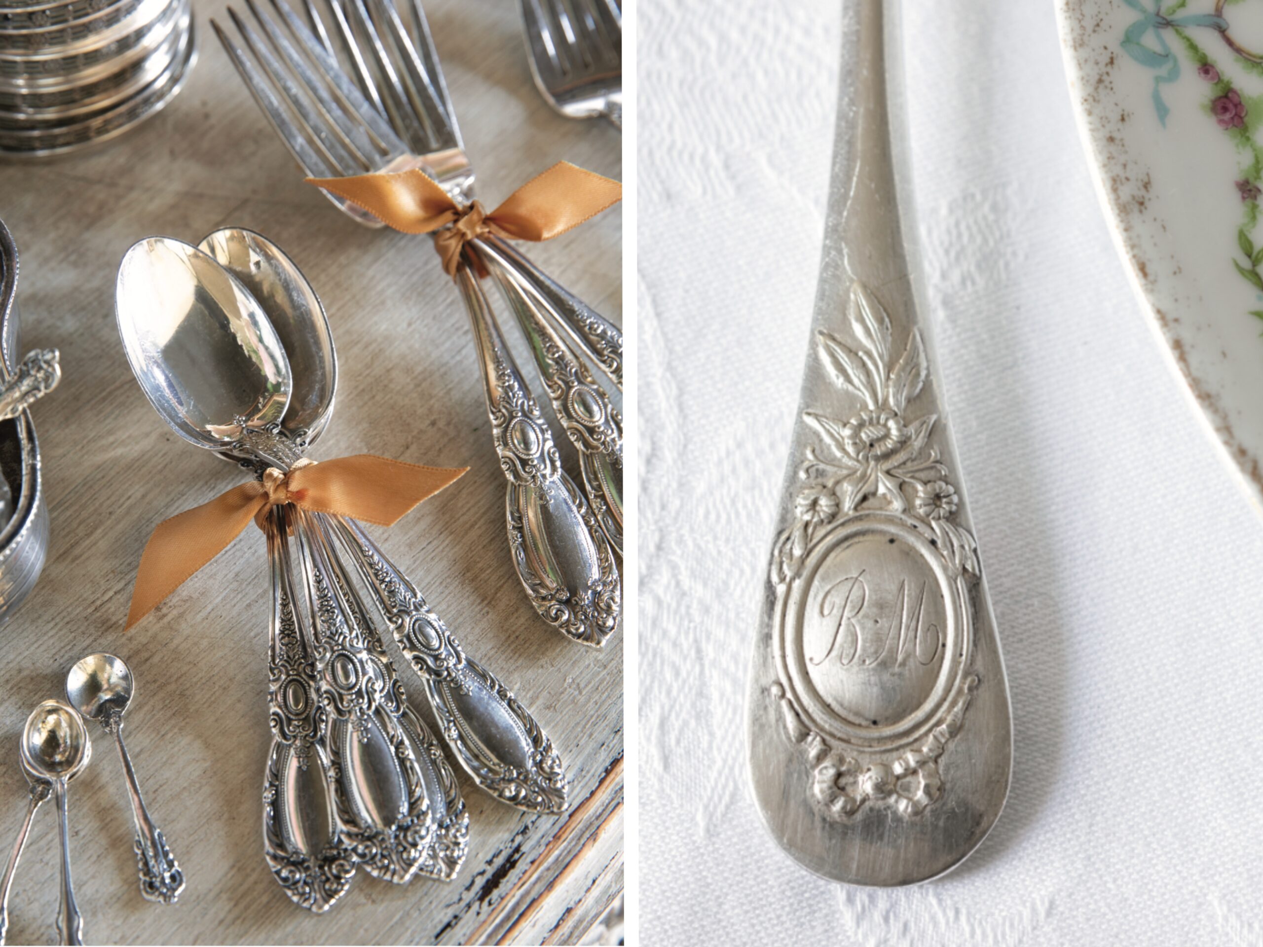 Silver spoons tied with ribbon, and a spoon handle with a monogram engraving.