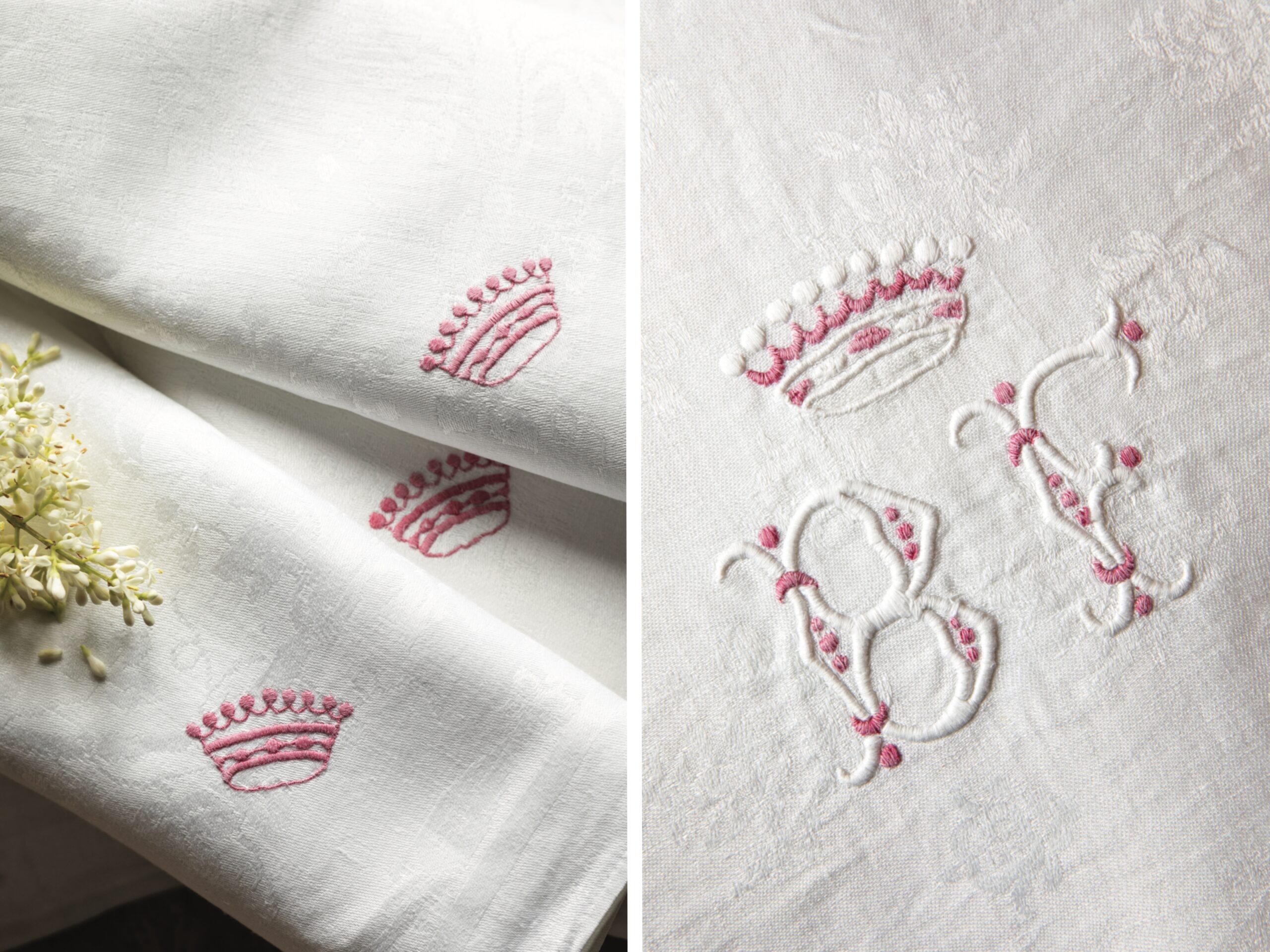 White linen napkins with pink embroidery.