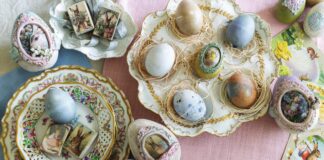 Hand decorated easter eggs in pastel hues derived from natural plant dyes, adorned with vintage easter imagery.