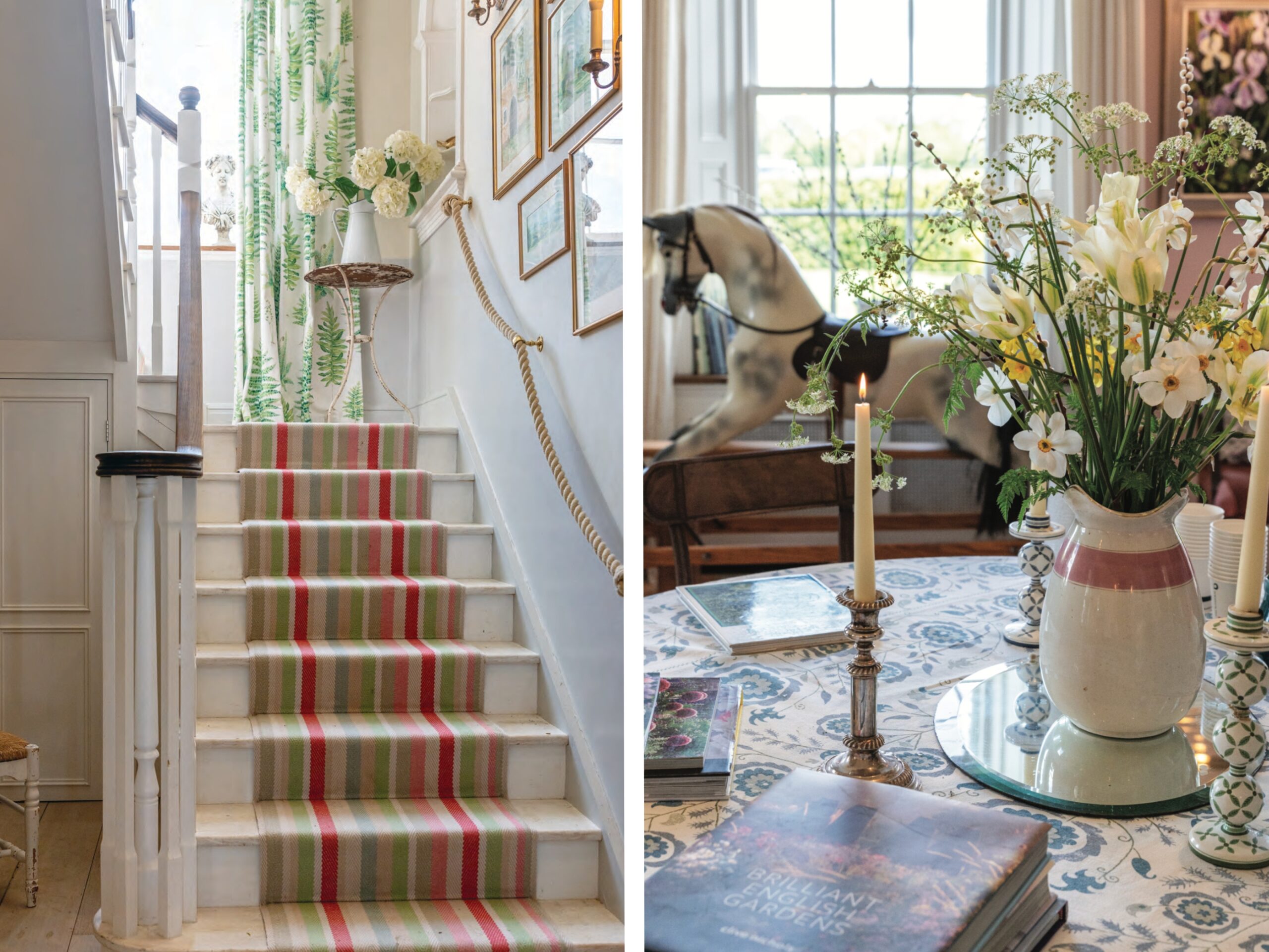 A carpeted staircase awash in sunlight leads upstairs at Ashbrook, while a table is adorned with daffodils in a sitting room.