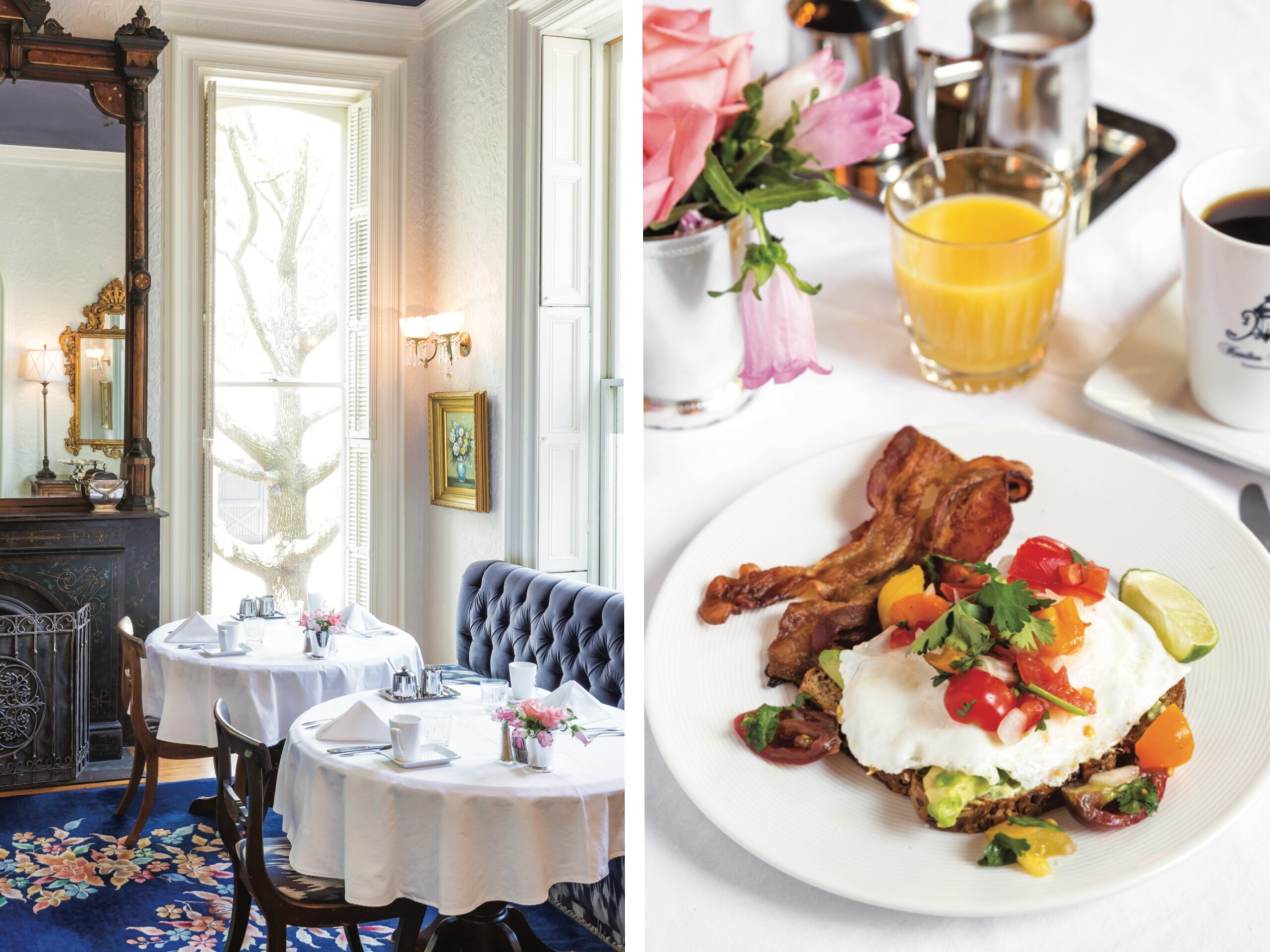An elegant cafe area in the Hamilton-Turner Inn, and a breakfast plate.