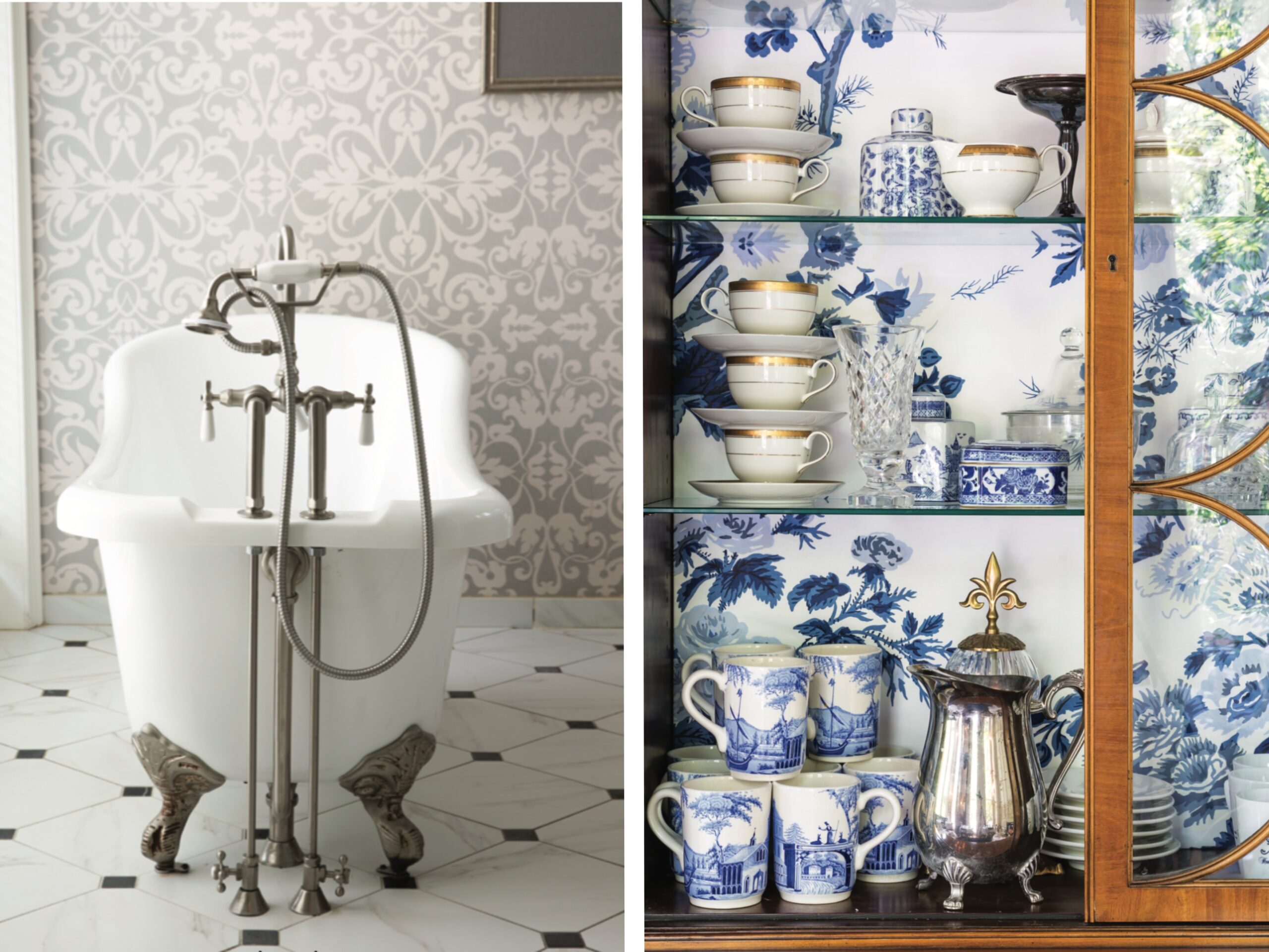 A clawfoot bathtub in a wallpapered bathroom, and a china hutch backed with blue and white floral wallpaper and filled with tabletop accessories including transferware mugs, gold-edged teacups, and a silver pitcher.