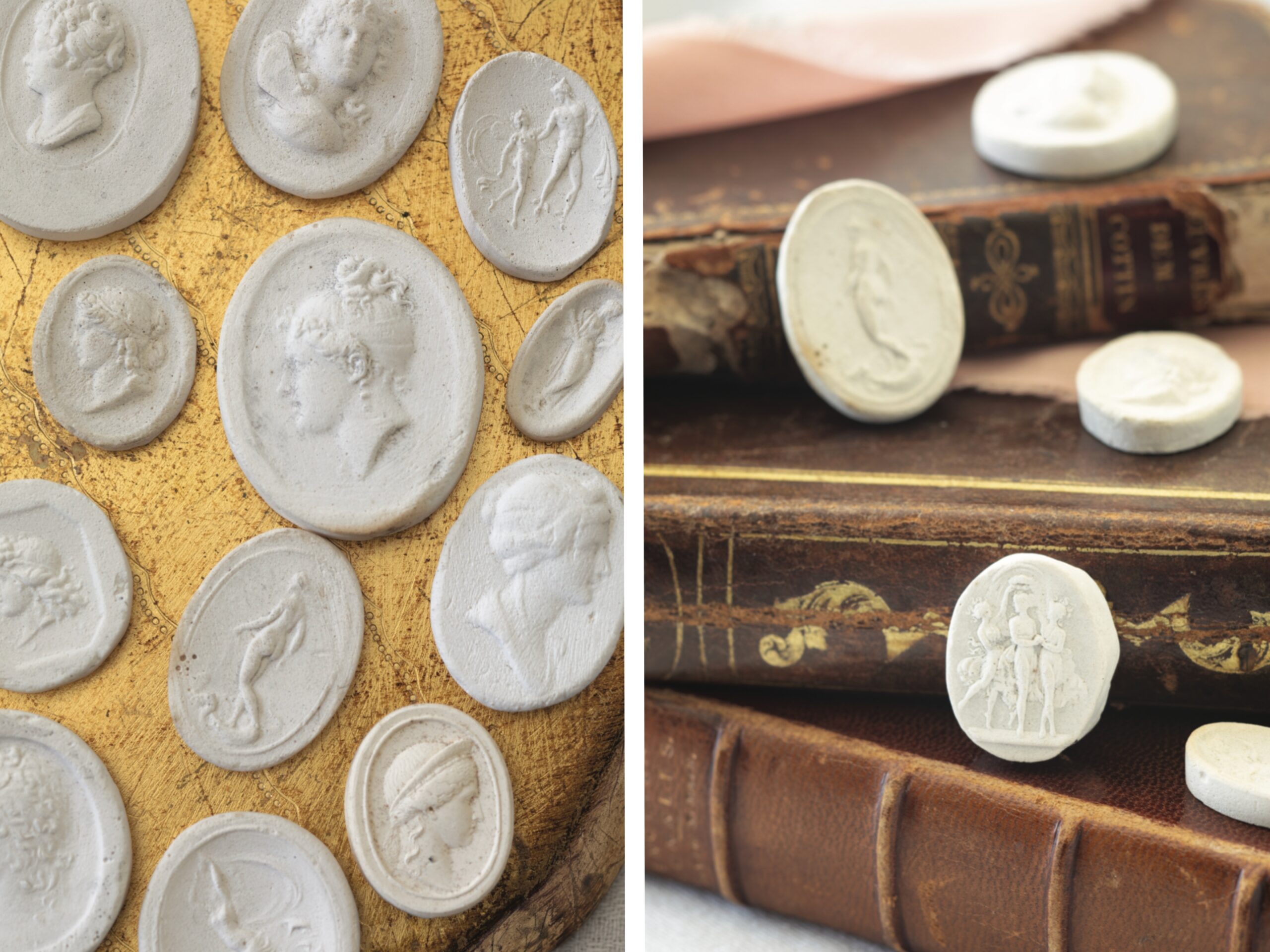 Intaglios layered over gold, and intaglios stacked on books.