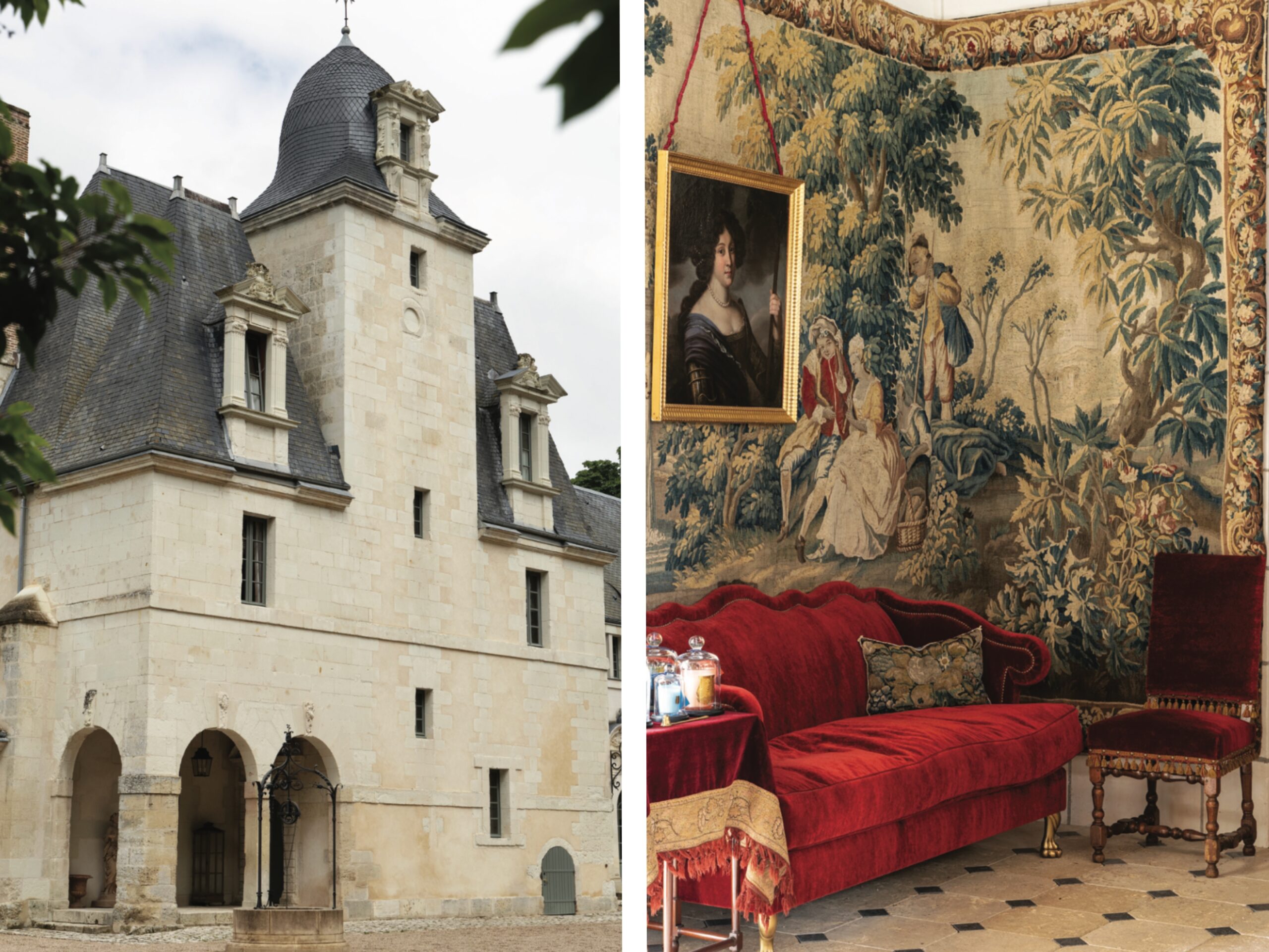 The exterior of Château Louise de La Vallière, and the interior with a wall tapestry and a luxurious red velvet sofa.