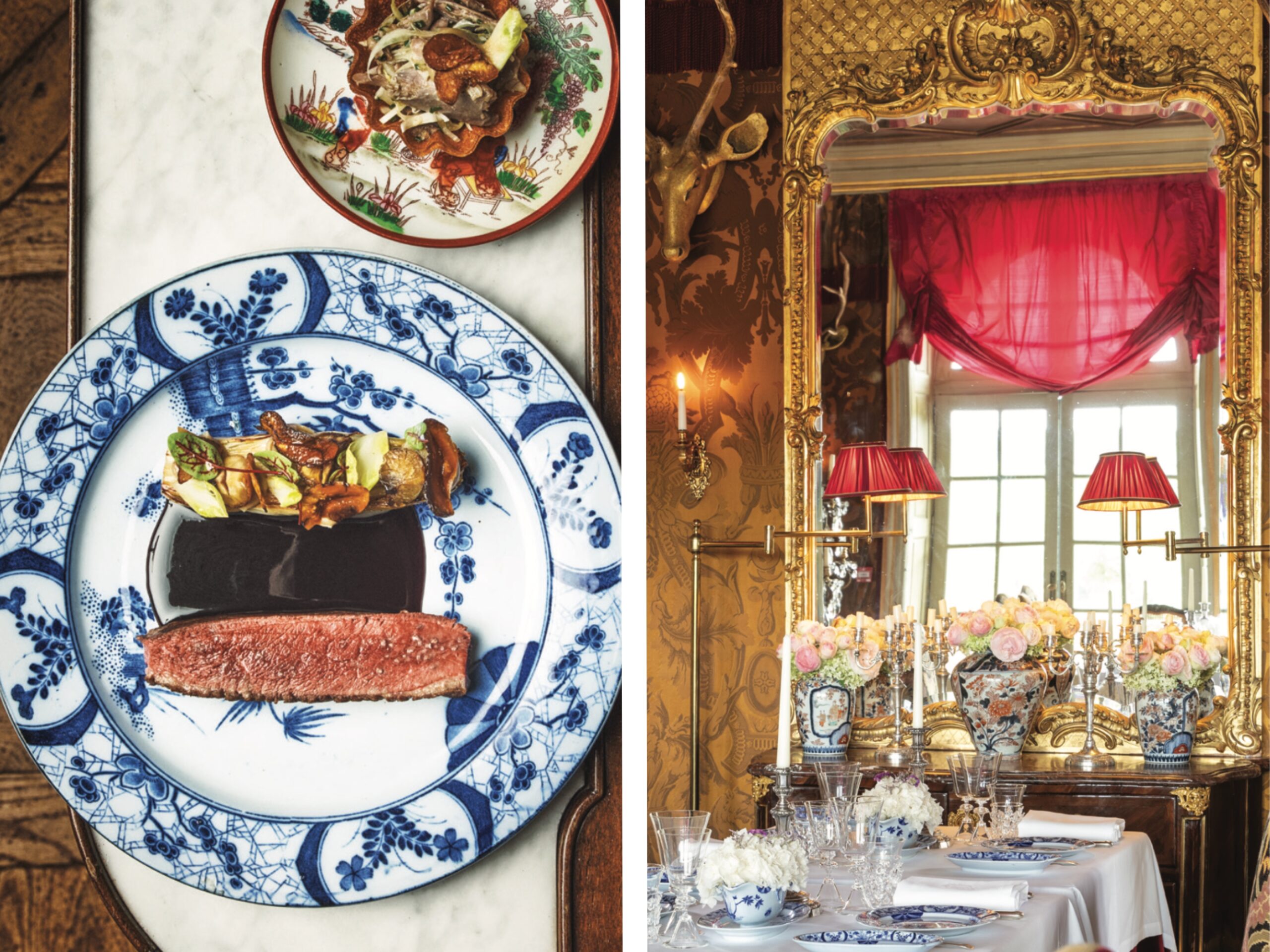A blue-and-white china plate with food from L’Amphitryon, and the lavish table settings of the restaurant.