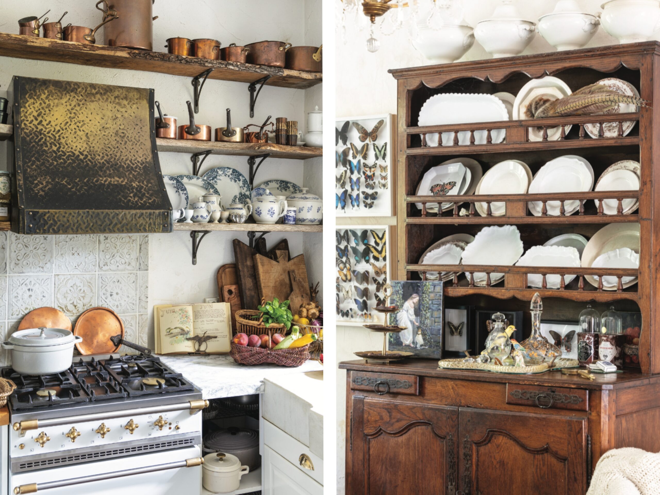 The French Country kitchen of Shannon Grochowski, with antique copper pots and pans, a brass stove hood, and a china hutch filled with plates.