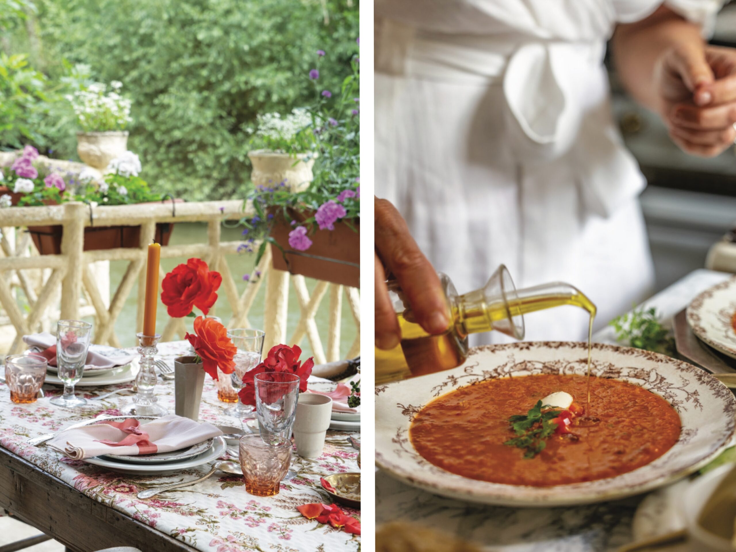 An alfresco table setting, and a chef pouring olive oil over a tomato soup.