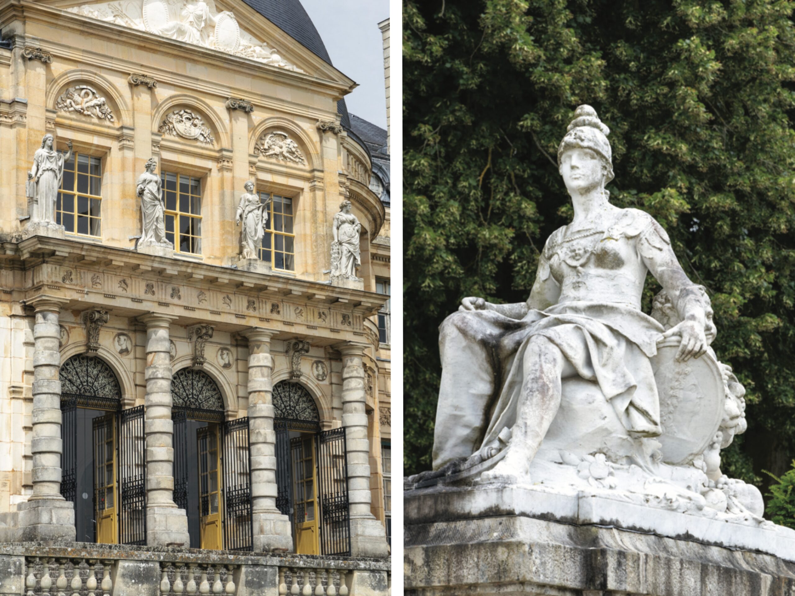 The exterior of Château de Vaux-le-Vicomte in France. The garden façade of Château de Vaux-le-Vicomte boasts a quartet of columns topped with statues sculpted by Michel Anguier that represent the virtues of justice.