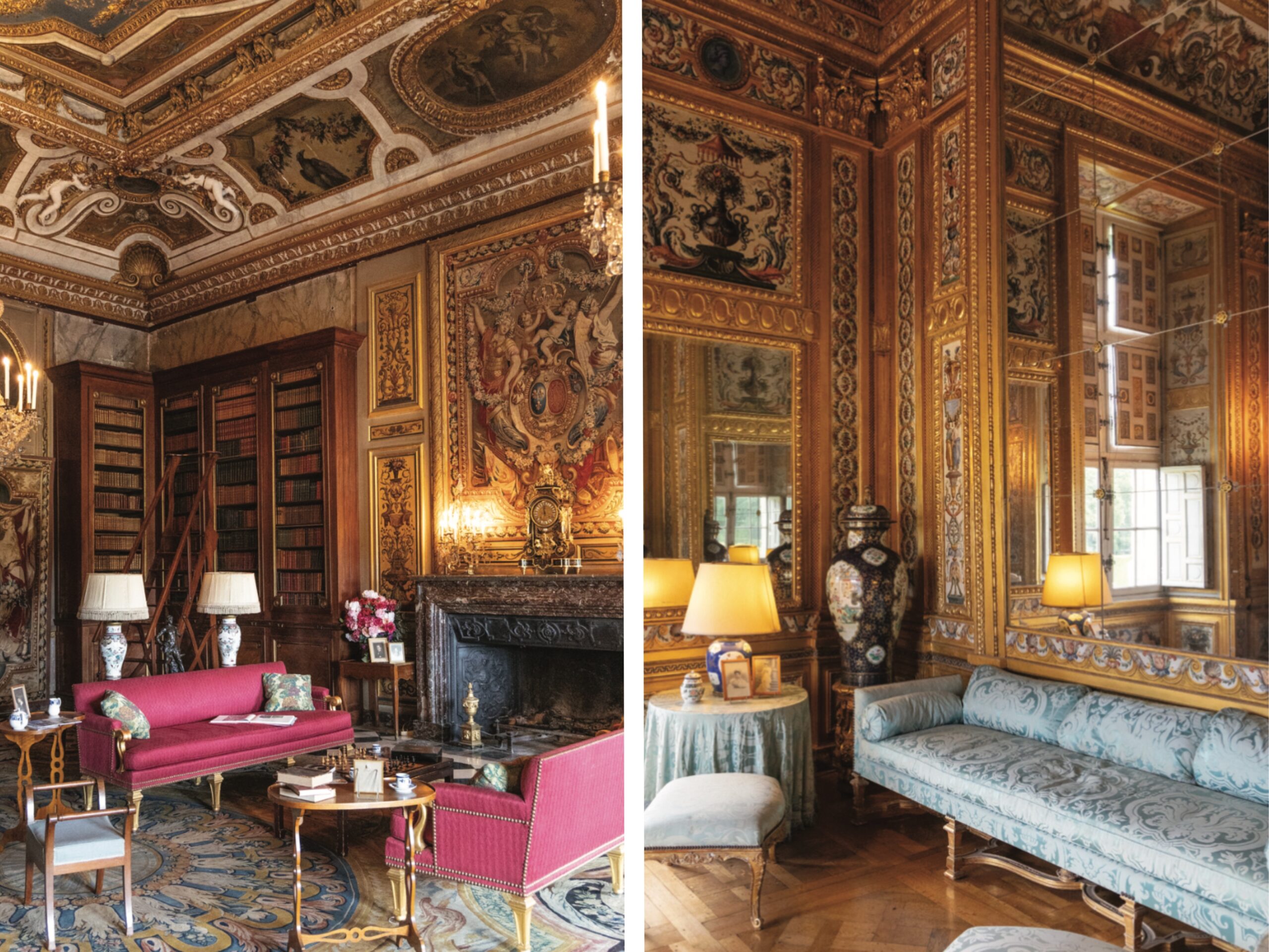 Sitting rooms in Château de Vaux-le-Vicomte with ornate, intricate gold-leafed millwork, painted scenery, and art adorning every wall and ceiling.