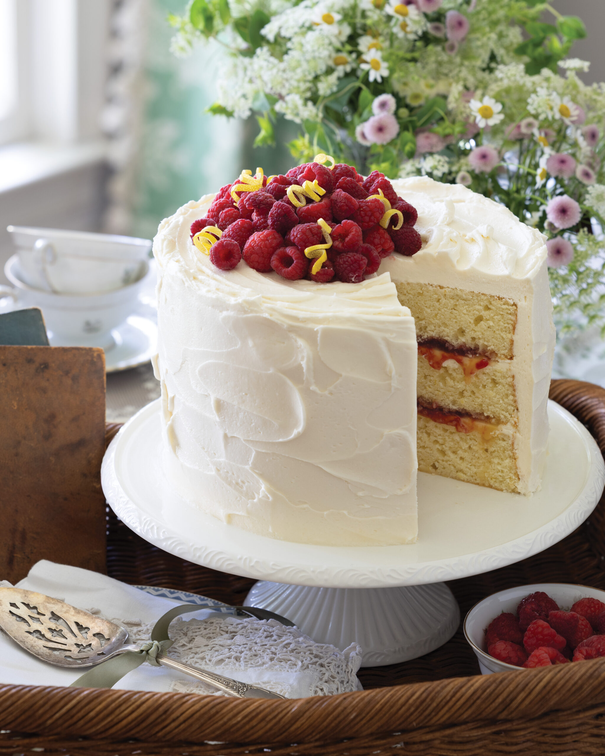 Lemon Layer Cake on a cake stand