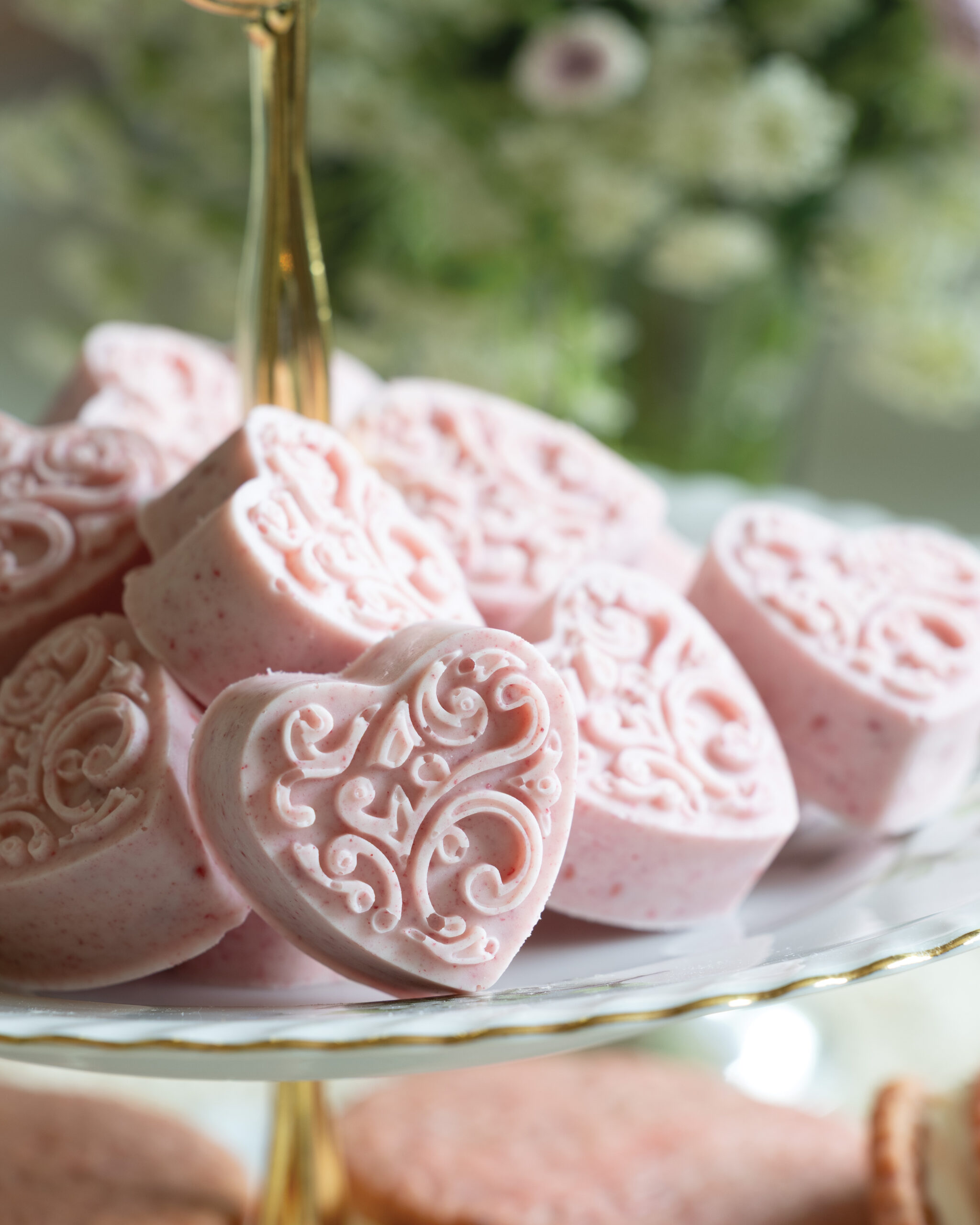 Pink heart candies on a platter