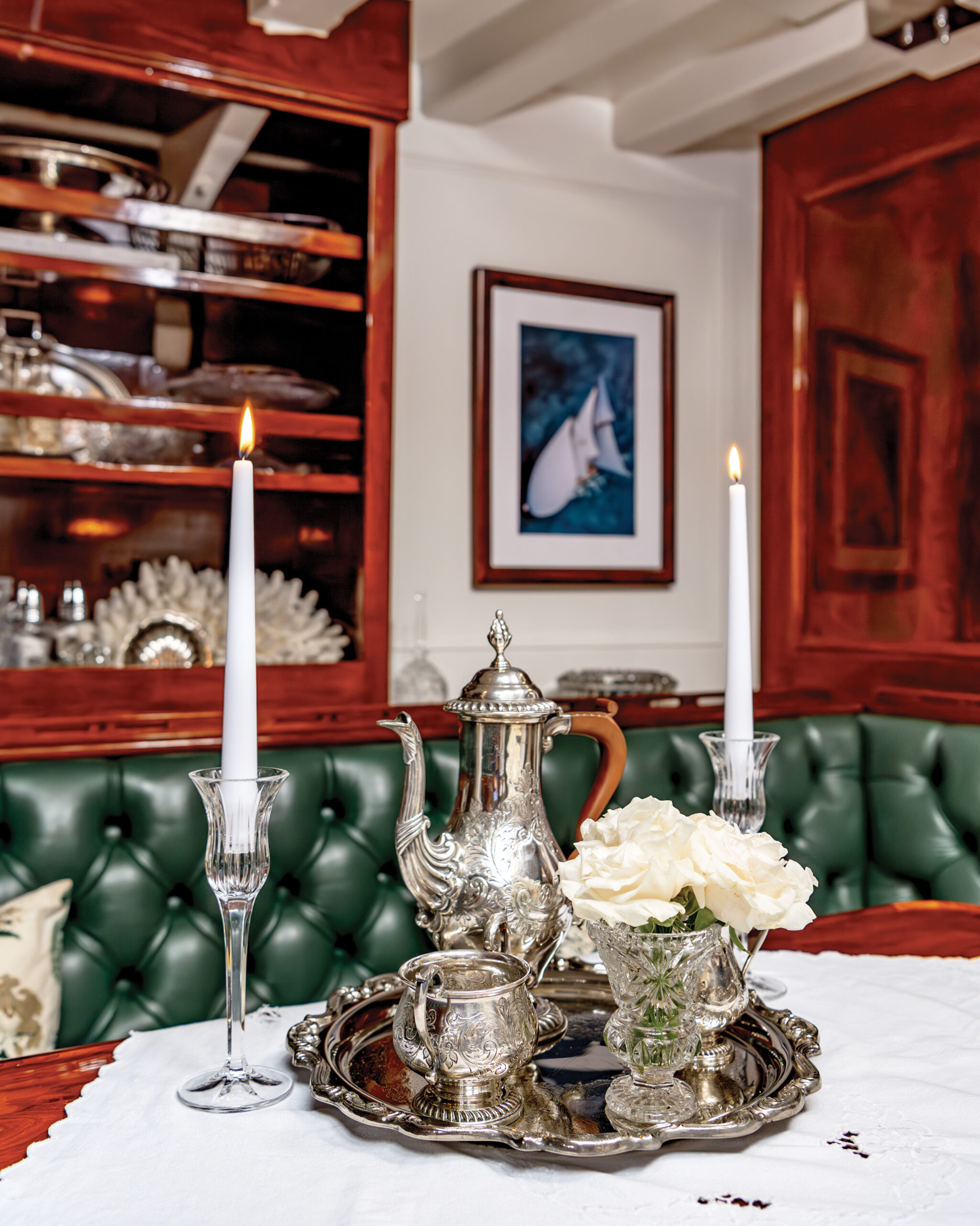 Silver tea set on a table in the yacht