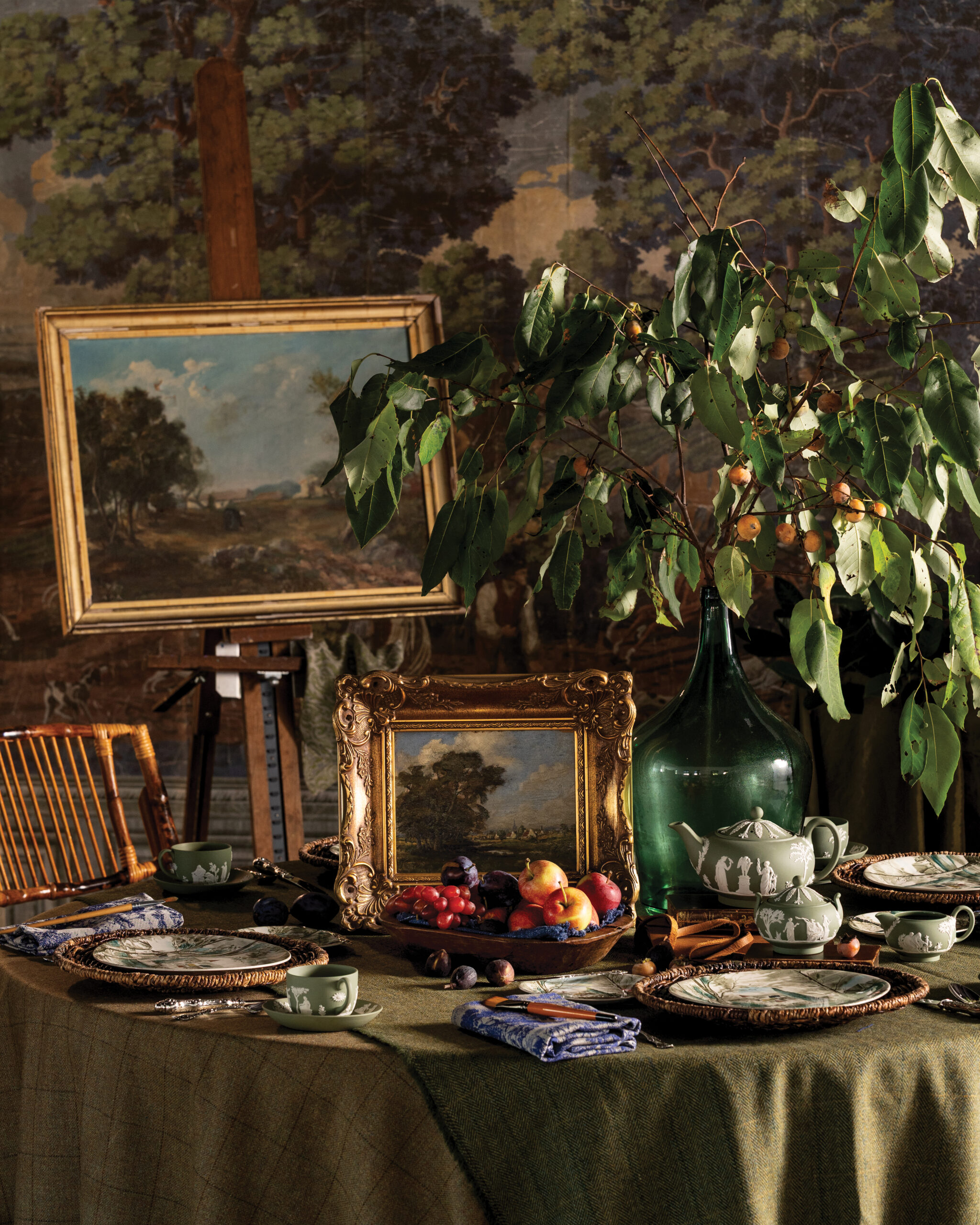 Artful tea tablescape with green color scheme