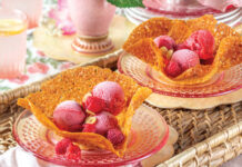 Scrumptious Summer Sorbet Recipes Raspberry sorbet with Florentine baskets