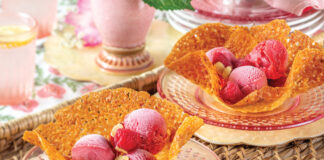 Raspberry sorbet with Florentine baskets