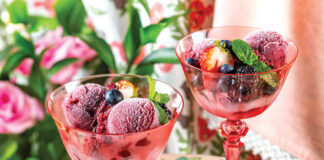 Summer berry sorbet in pink glasses