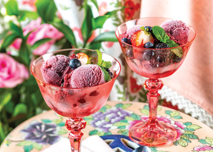 Summer berry sorbet in pink glasses