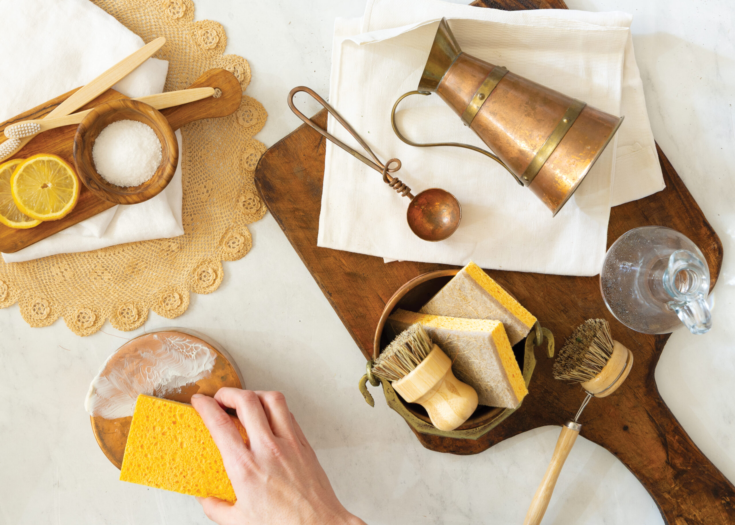 Flatlay image of items used for cleaning copper