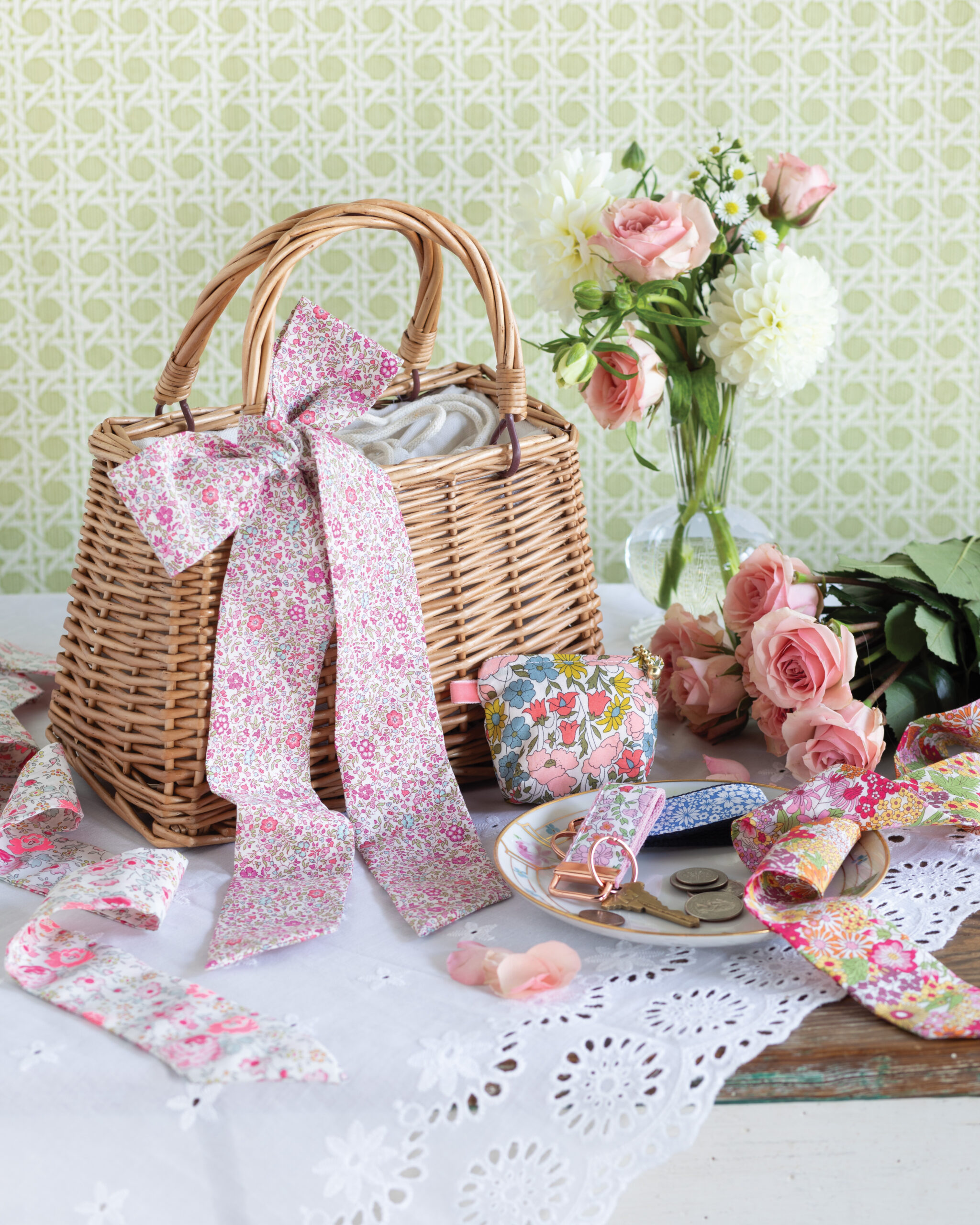 Woven bag with fabric wallet, eyeglass case, and other accessories