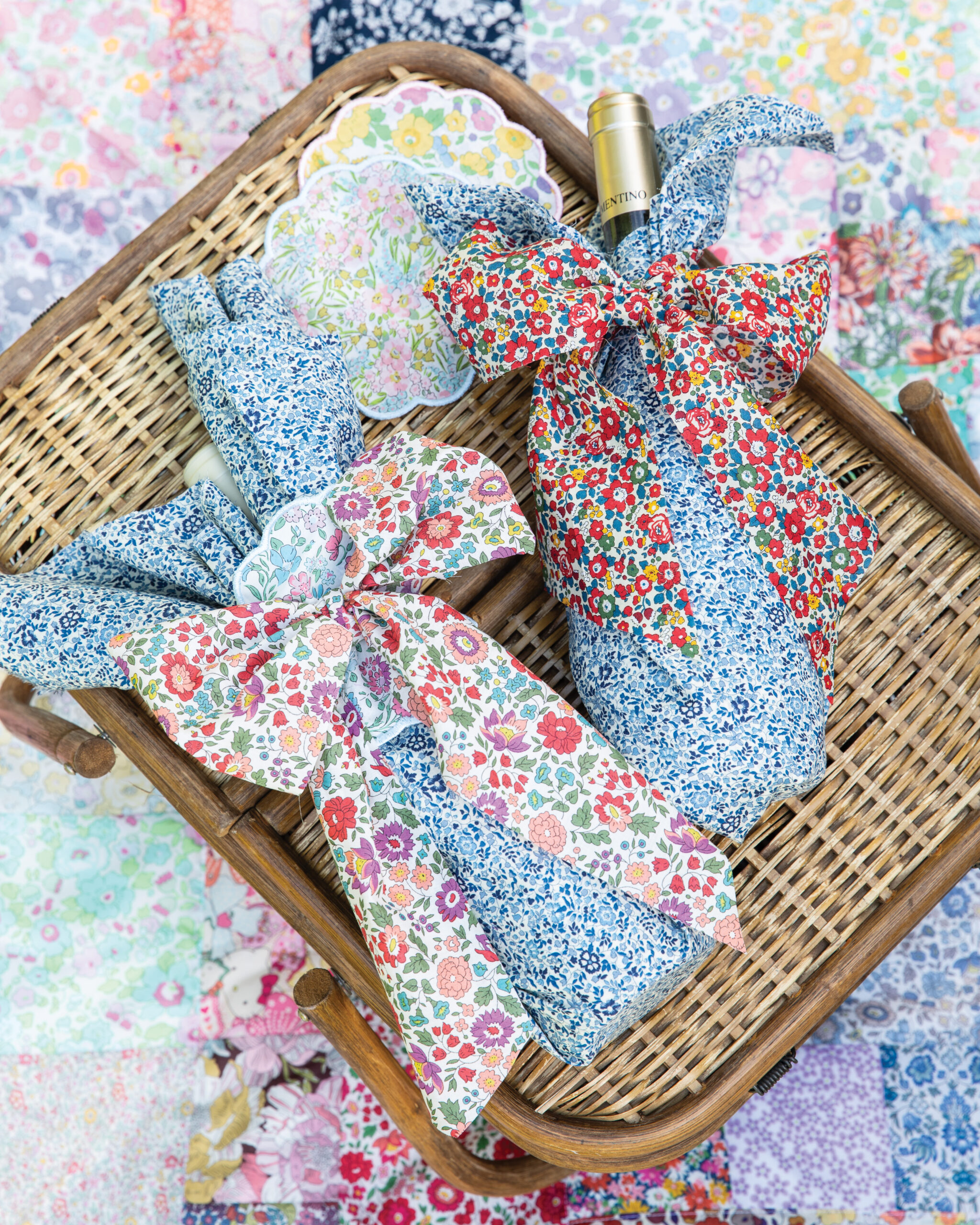 Bottle wrapped in floral fabric