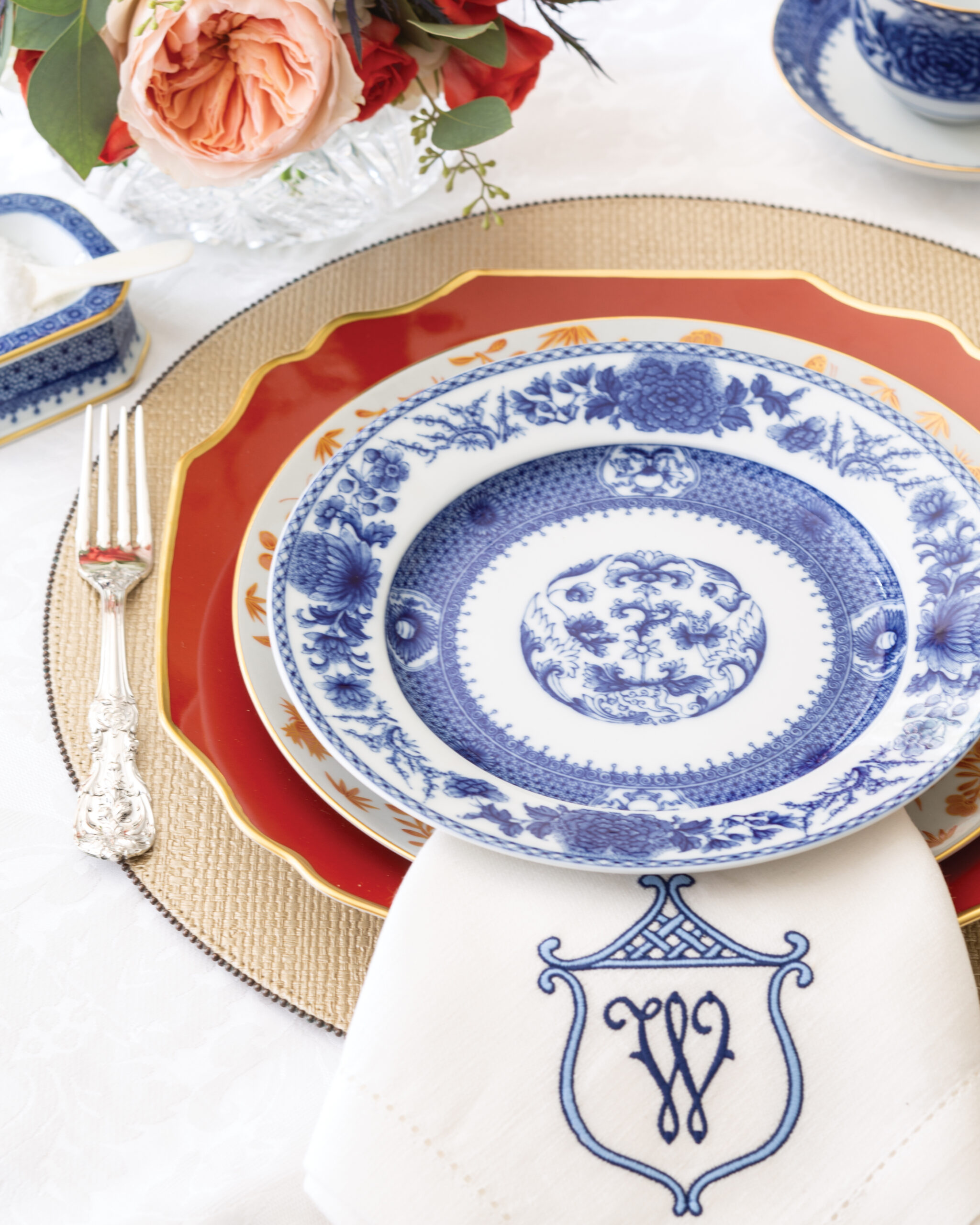 Mottahedeh place setting with embroidered napkin