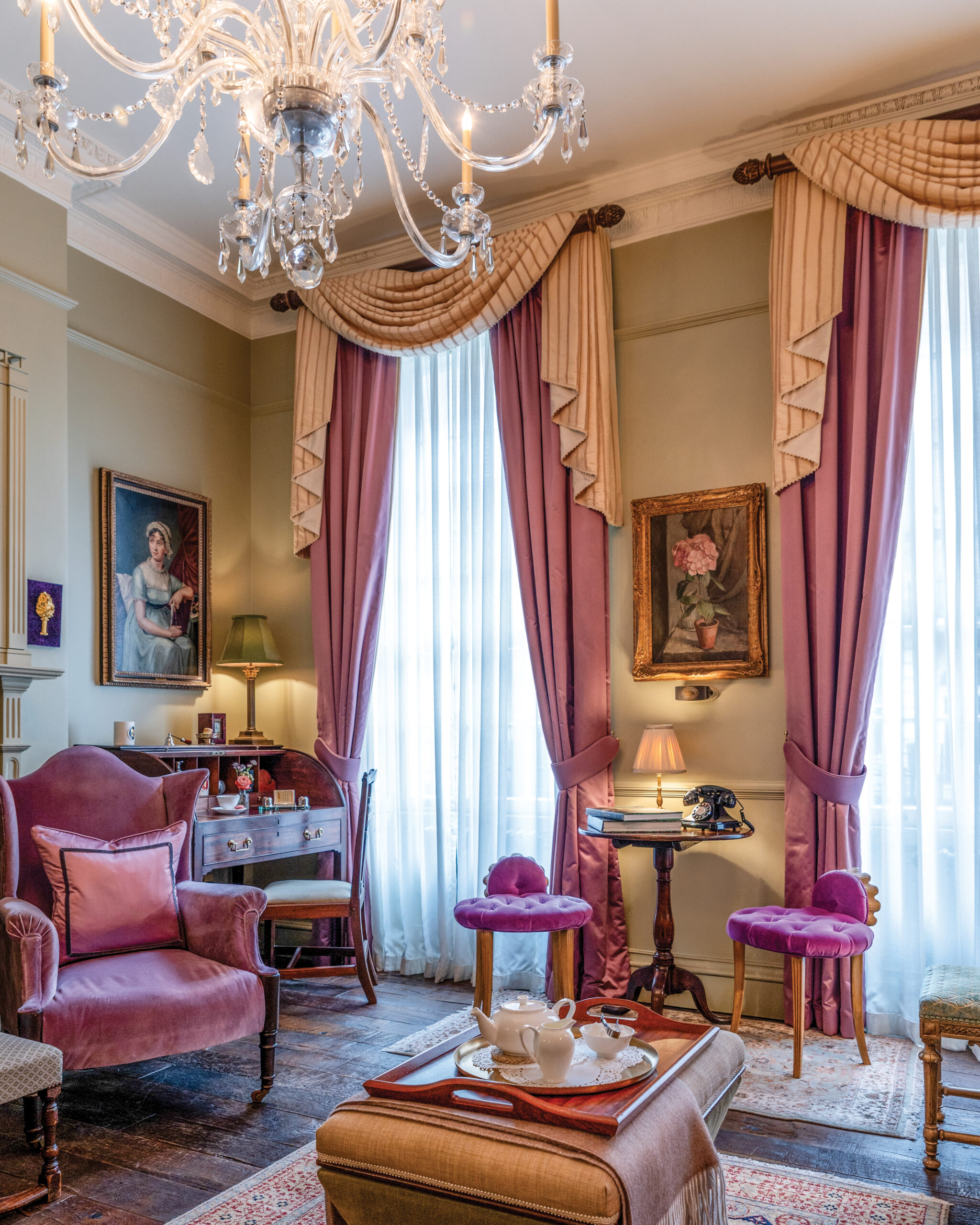 Pink regency style hotel room