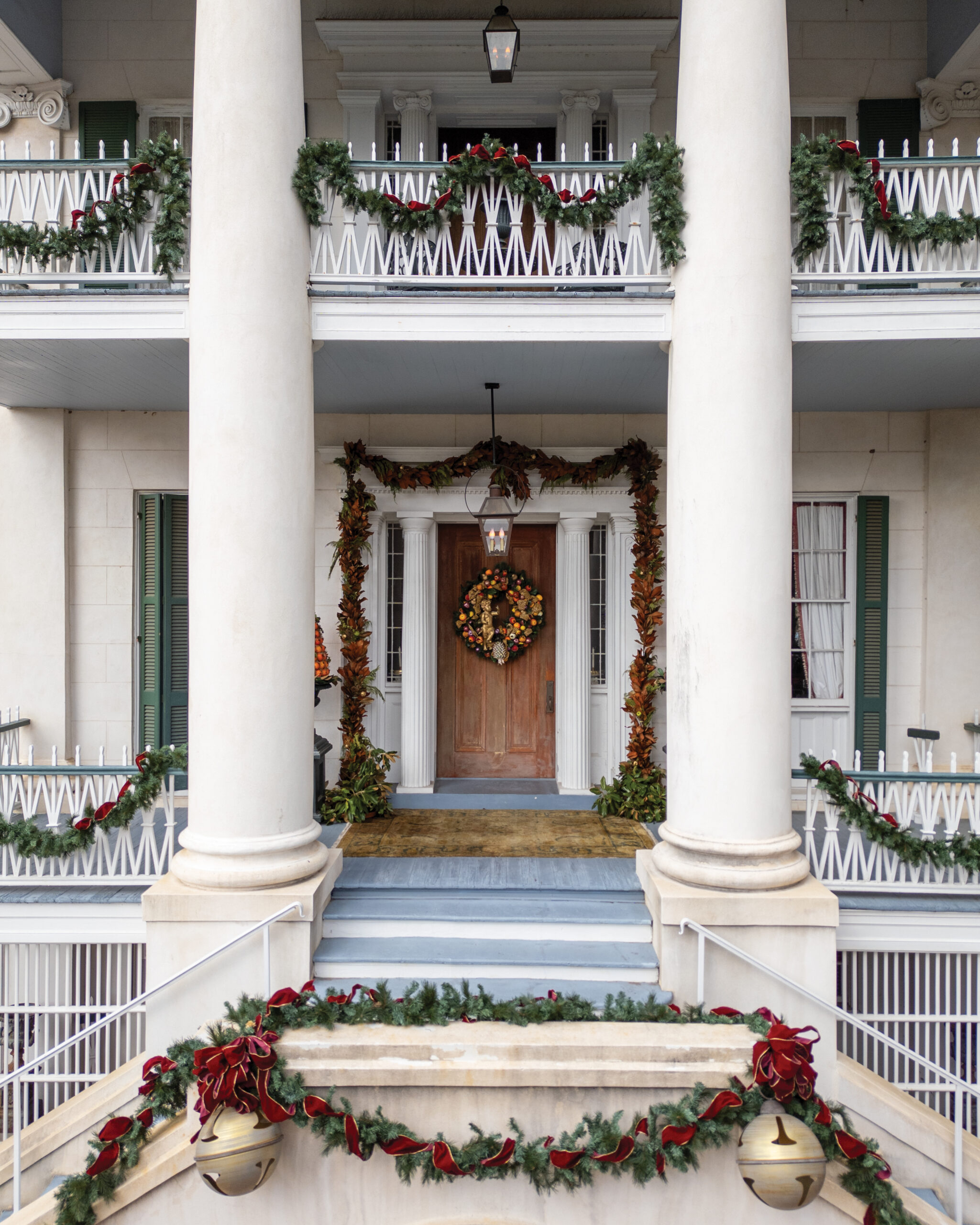 Doorway of Choctaw Hall decorated for Christmas