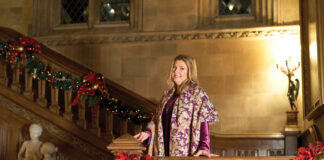 Countess of Carnarvon on stairwell of Highclere Castle