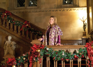 Countess of Carnarvon on stairwell of Highclere Castle