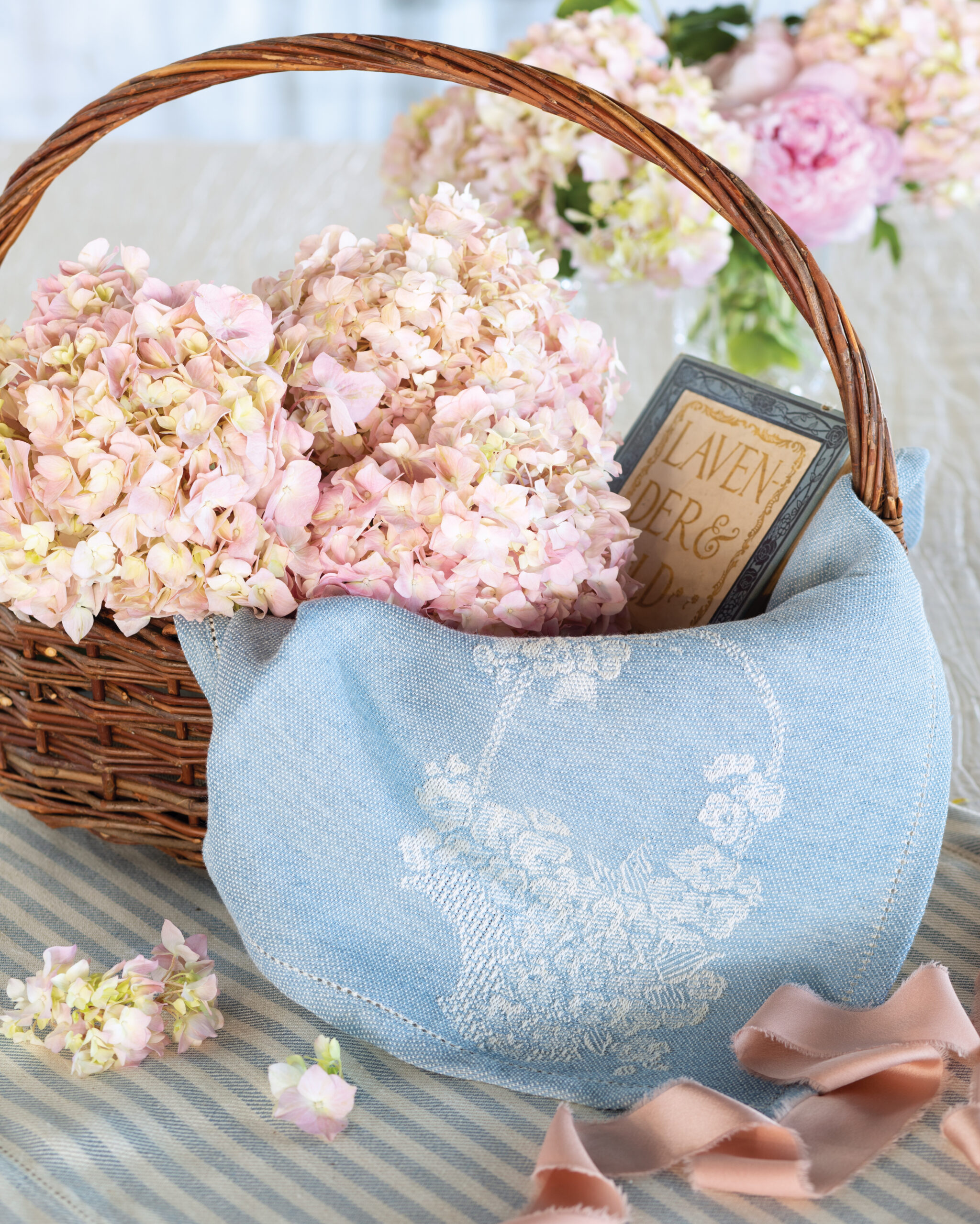 Blue napkin with floral basket design 