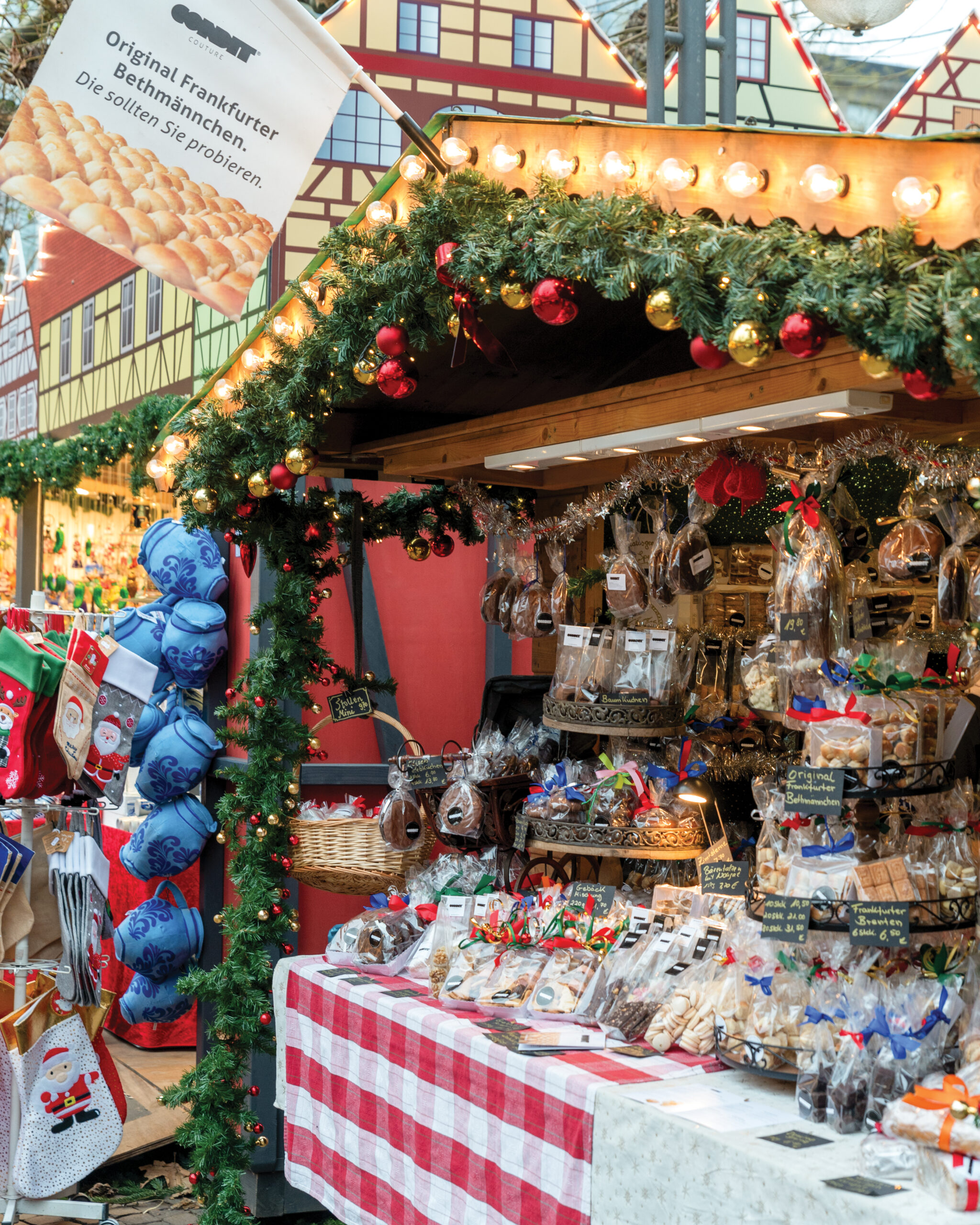 German Christmas market stall with ornaments