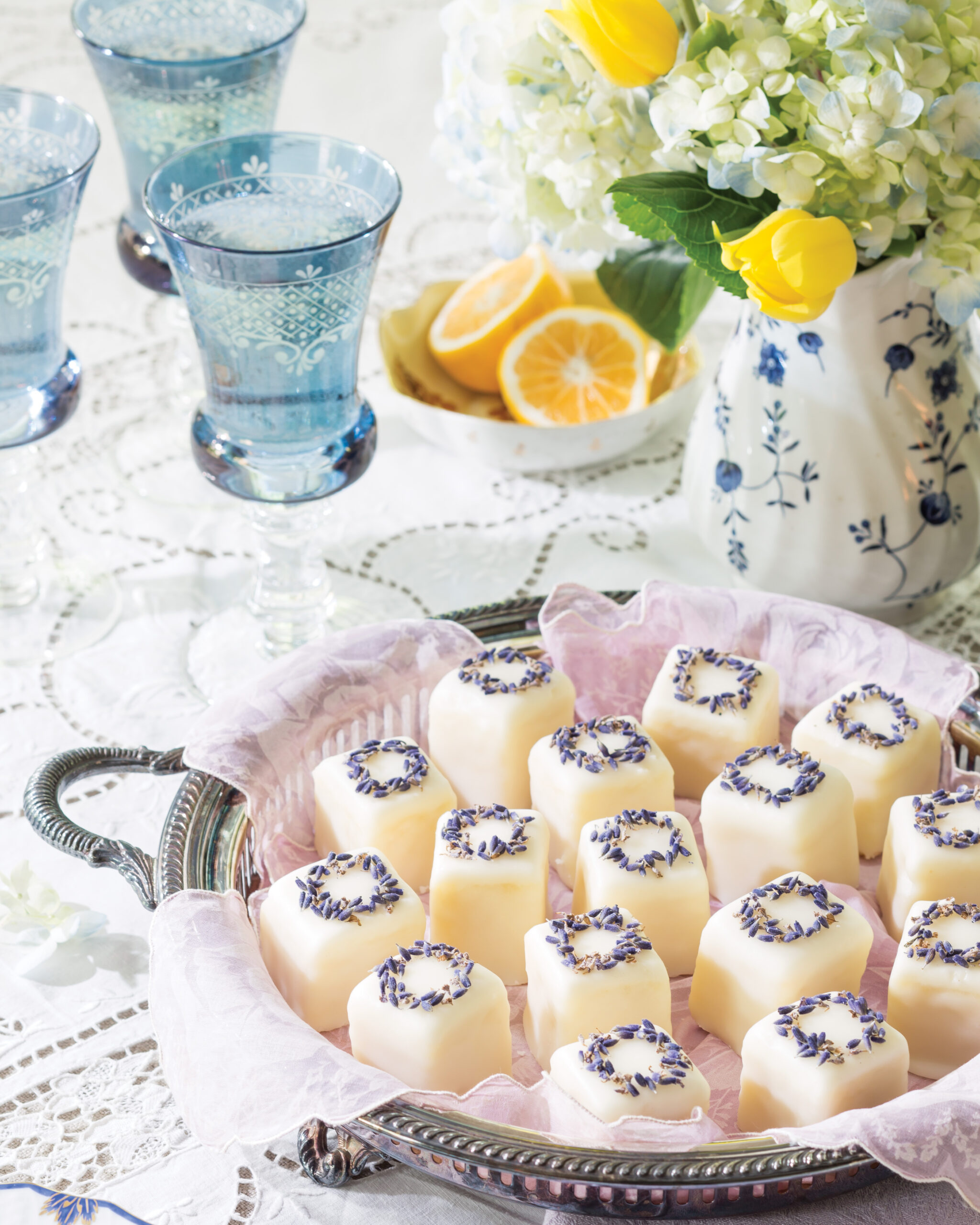 Lemon lavender petit fours in a basket