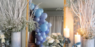 Wrapped gifts and baby shower decorations