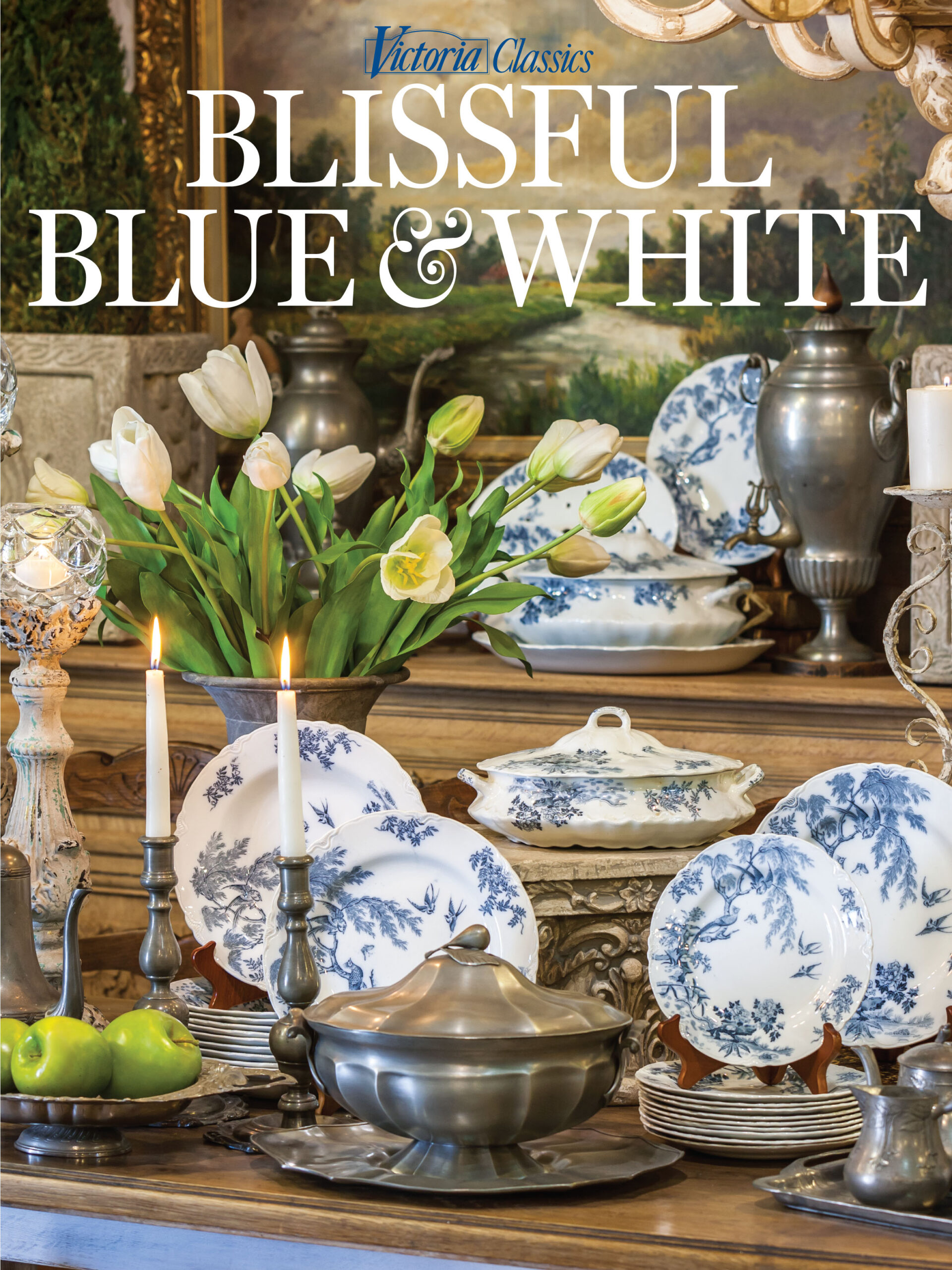 cover of Victoria special issue Blissful Blue & White with vignette of plates and tulip arrangement 