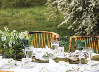 Elegant spring tablescape set outdoors with lily-of-the-valley china, green crystal goblets, silver tea service, and a floral centerpiece on a white tablecloth surrounded by wicker chairs and blooming garden greenery.
