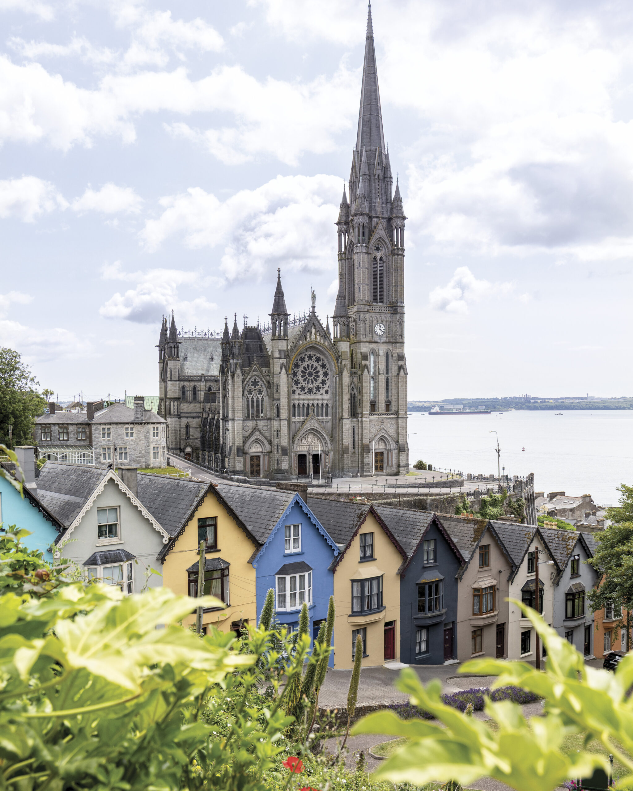St. Colman’s Cathedral rises above colorful row houses in Cobh, Ireland, its tall Gothic spire overlooking the harbor and a patchwork of pastel homes along the hillside.